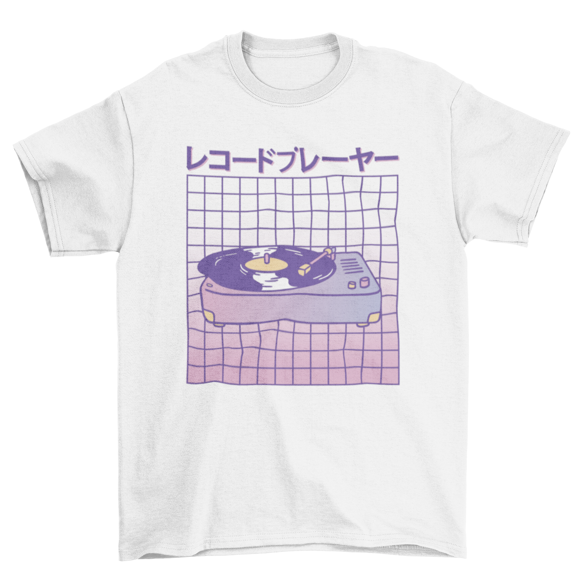 Vaporwave t-shirt design featuring a vintage record player and Japanese text.