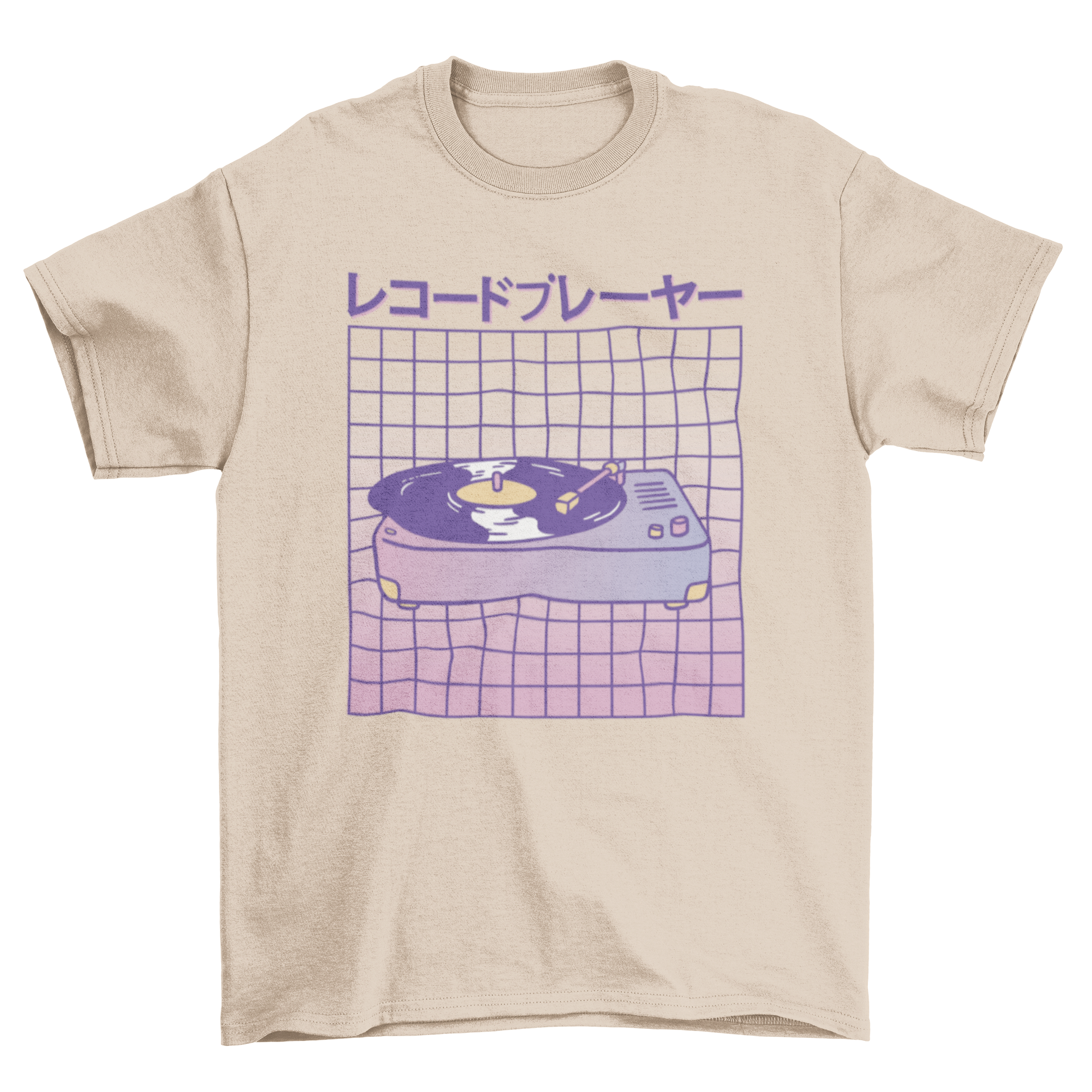 Vaporwave t-shirt design featuring a vintage record player and Japanese text.