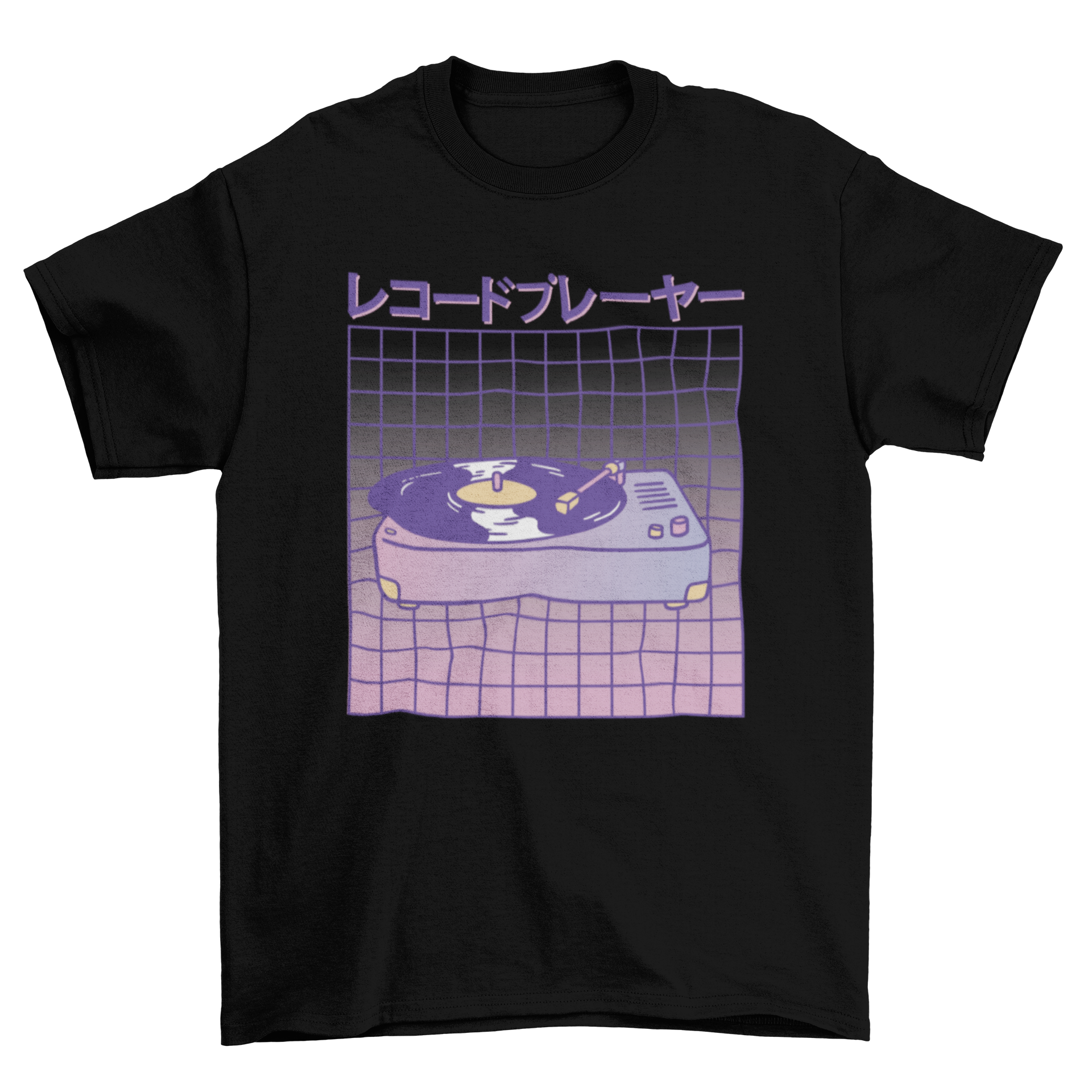 Vaporwave t-shirt design featuring a vintage record player and Japanese text.