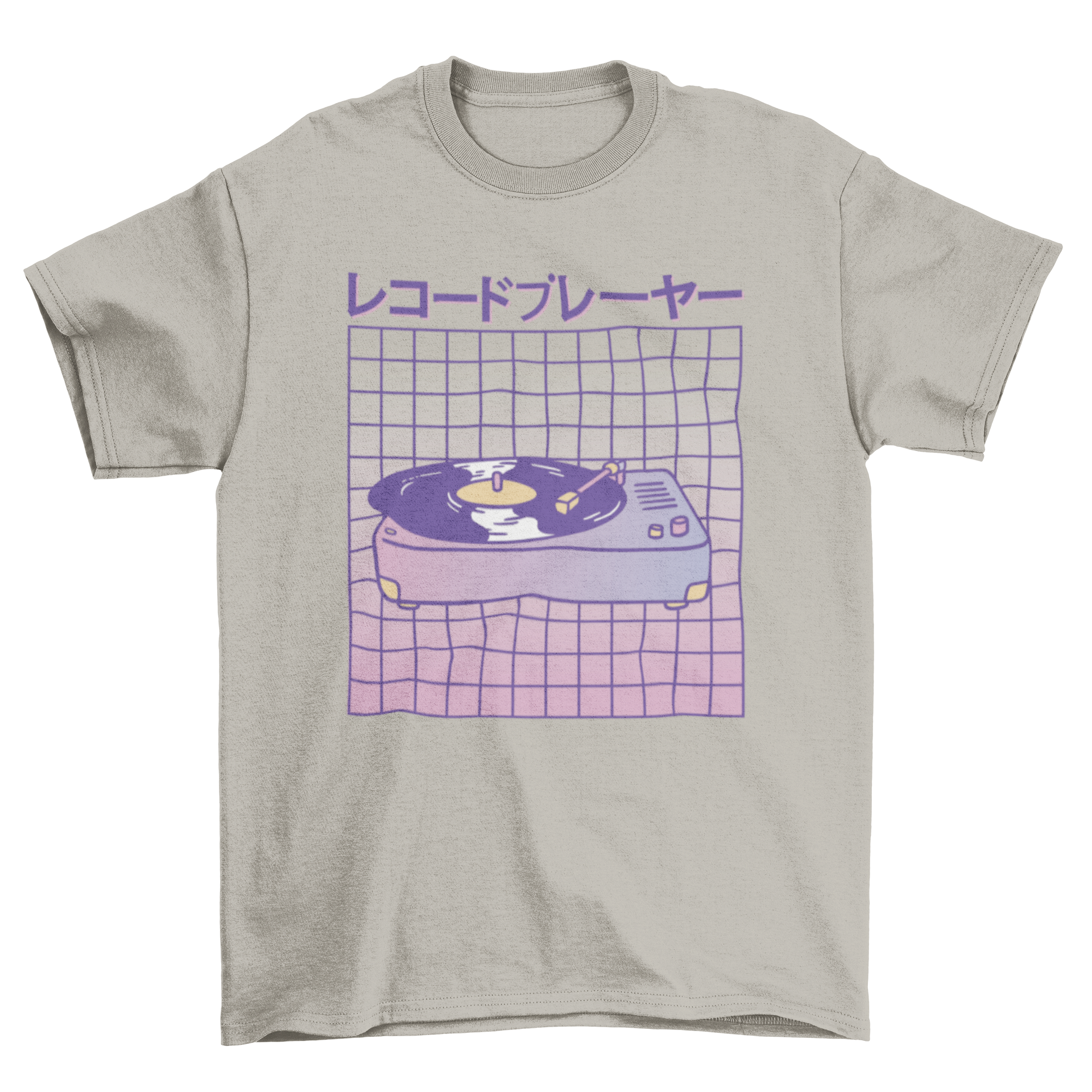 Vaporwave t-shirt design featuring a vintage record player and Japanese text.