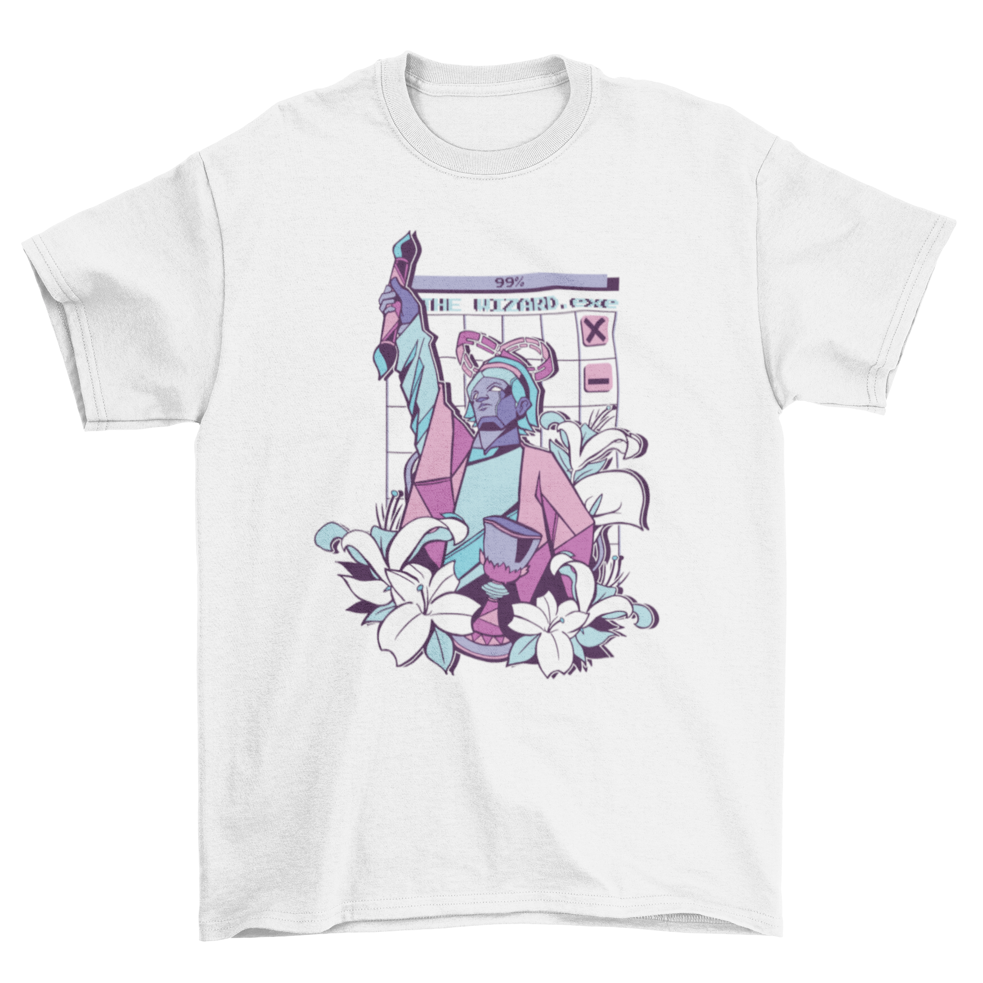 Vaporwave Wizard T-Shirt featuring The Wizard tarot card design in vibrant colors.