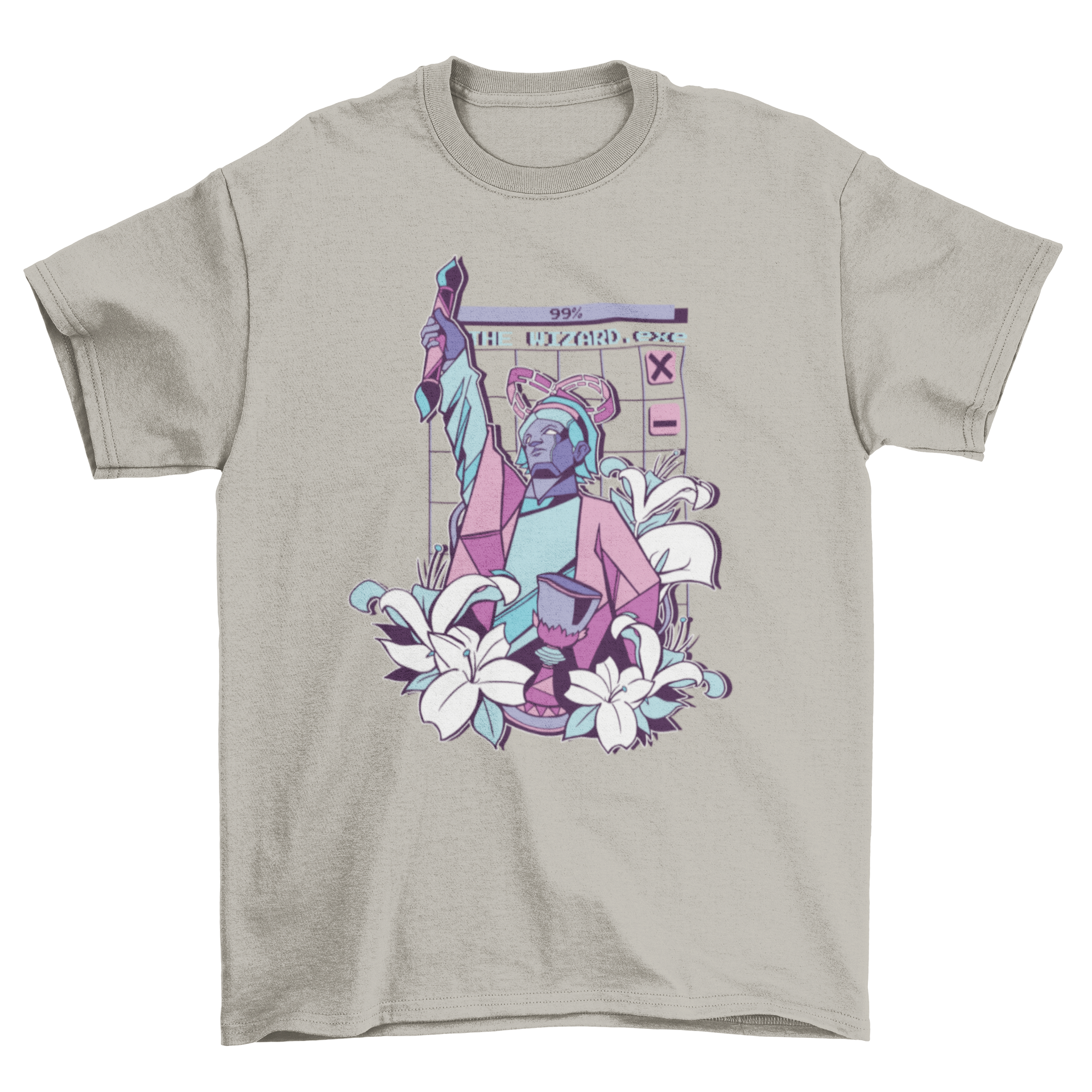 Vaporwave Wizard T-Shirt featuring The Wizard tarot card design in vibrant colors.