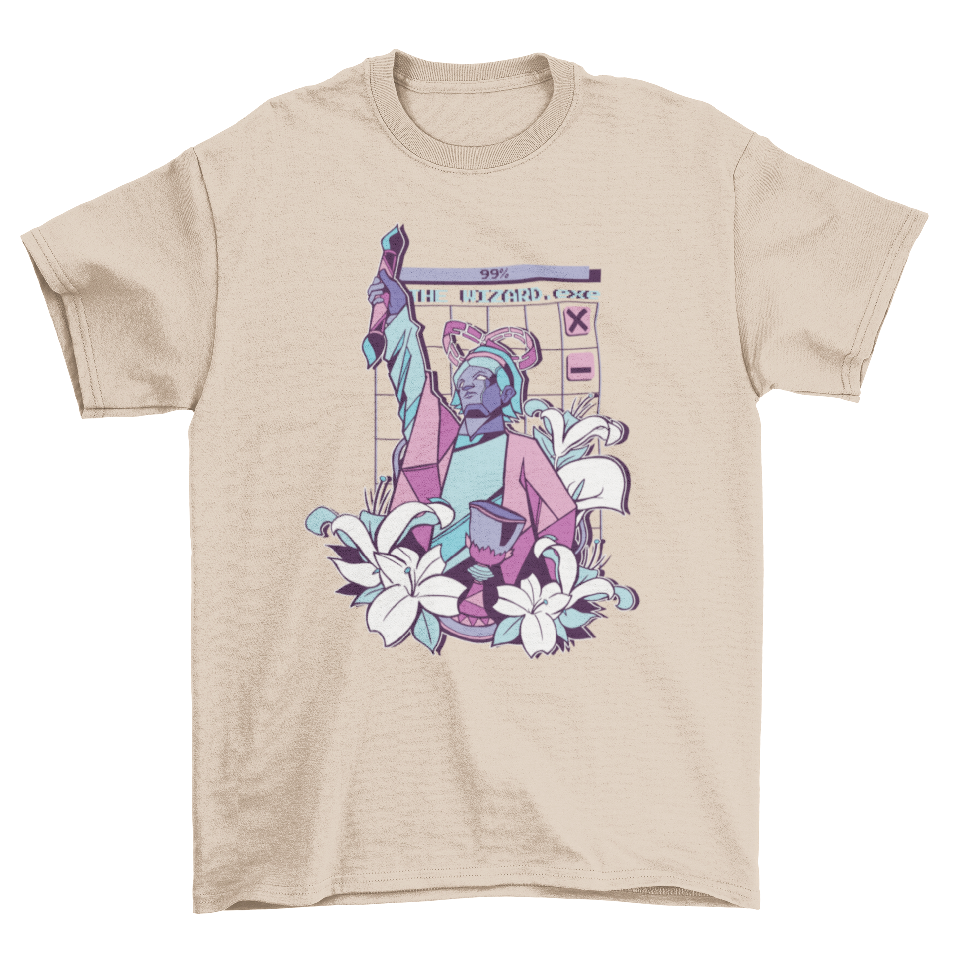 Vaporwave Wizard T-Shirt featuring The Wizard tarot card design in vibrant colors.