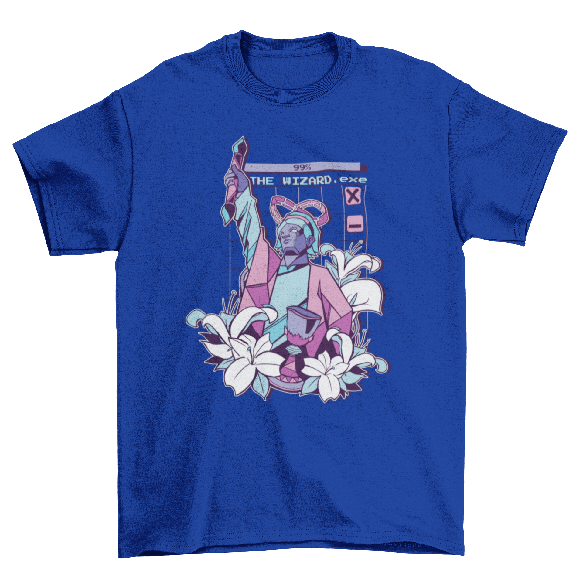 Vaporwave Wizard T-Shirt featuring The Wizard tarot card design in vibrant colors.