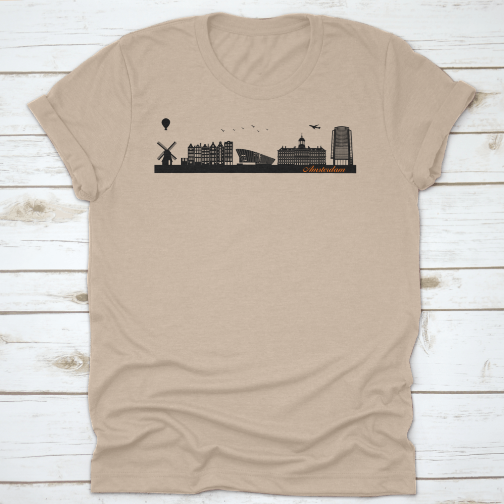 Vector City Skyline Silhouette design on a cotton shirt, showcasing urban landmarks and buildings.