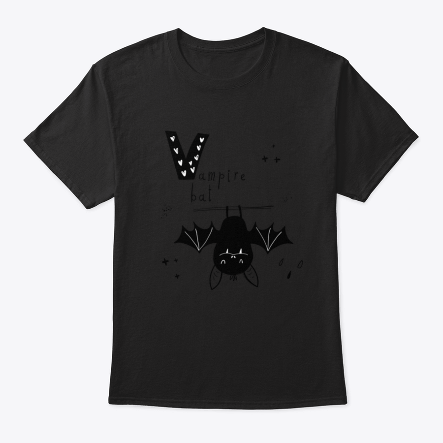 Vector hand-drawn baby illustration featuring a playful vampire bat and the letter V, designed for children's clothing and decor.