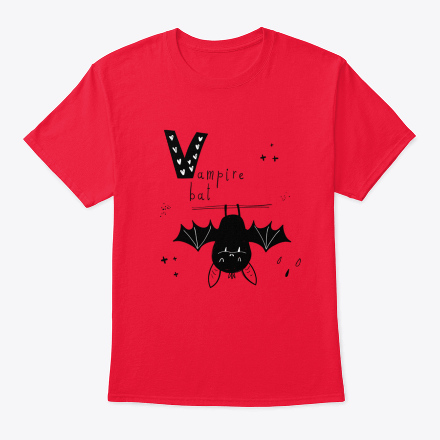 Vector hand-drawn baby illustration featuring a playful vampire bat and the letter V, designed for children's clothing and decor.