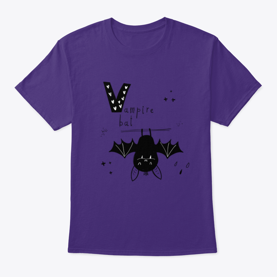 Vector hand-drawn baby illustration featuring a playful vampire bat and the letter V, designed for children's clothing and decor.