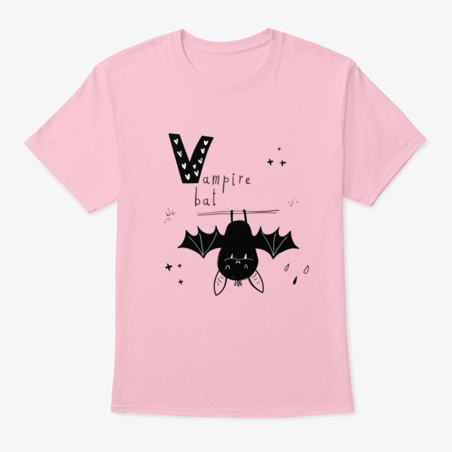 Vector hand-drawn baby illustration featuring a playful vampire bat and the letter V, designed for children's clothing and decor.