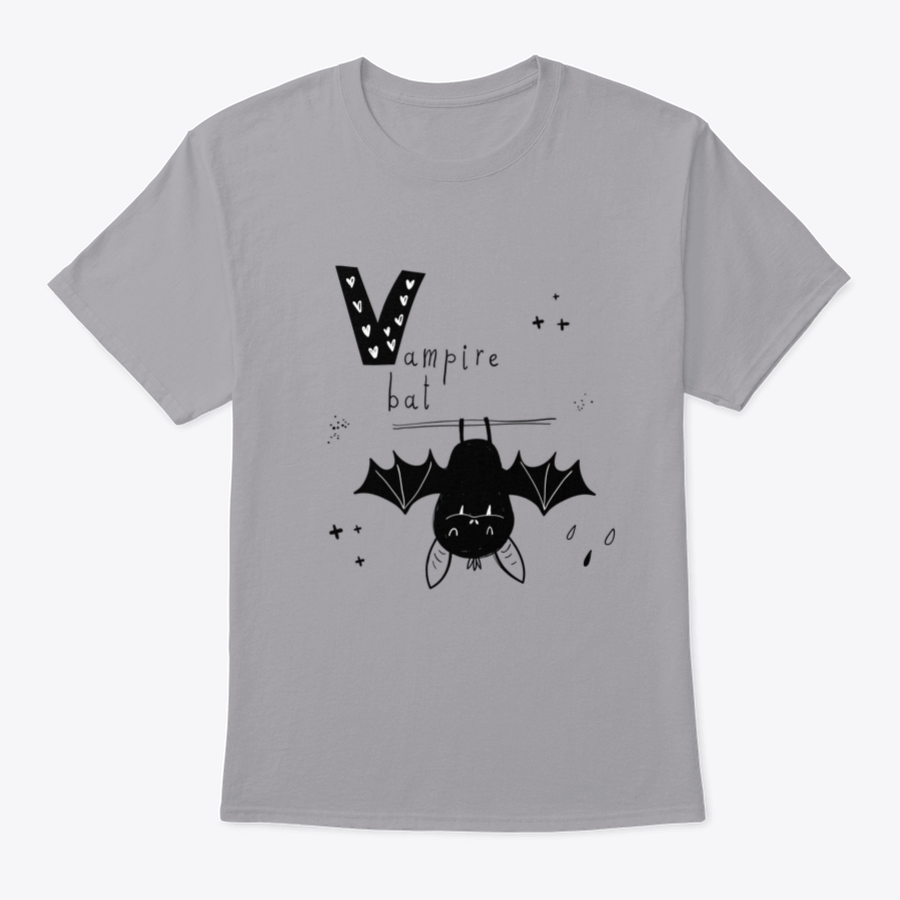 Vector hand-drawn baby illustration featuring a playful vampire bat and the letter V, designed for children's clothing and decor.