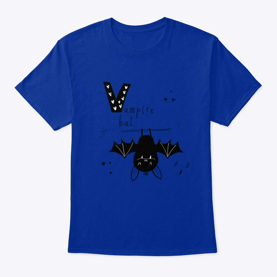 Vector hand-drawn baby illustration featuring a playful vampire bat and the letter V, designed for children's clothing and decor.