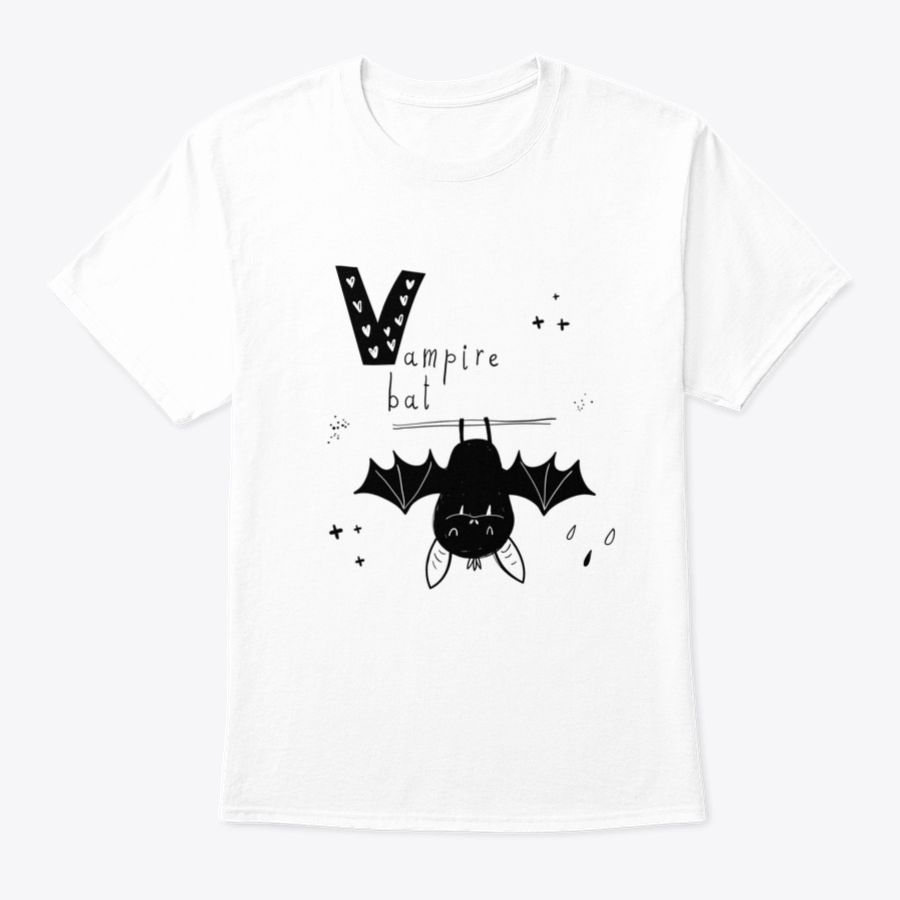 Vector hand-drawn baby illustration featuring a playful vampire bat and the letter V, designed for children's clothing and decor.