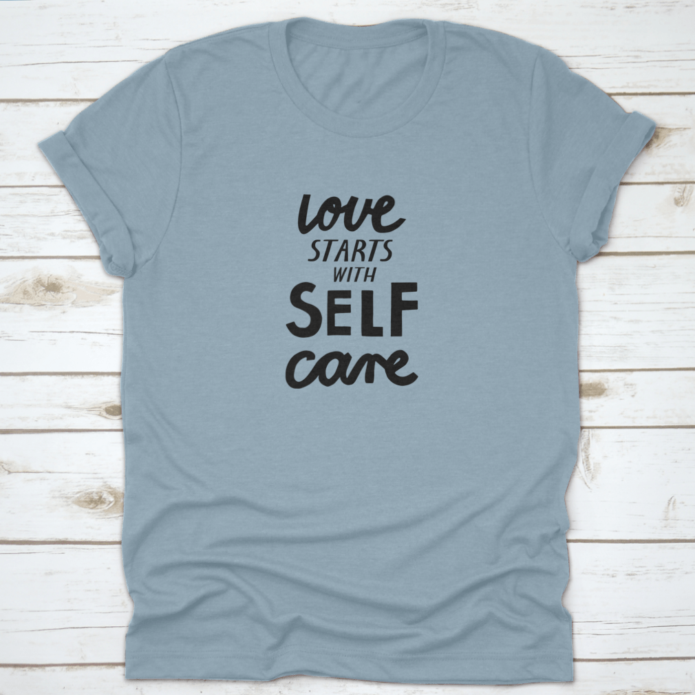 Vector illustration featuring lettering on self-care and love, showcasing a vibrant design on a soft cotton fabric.