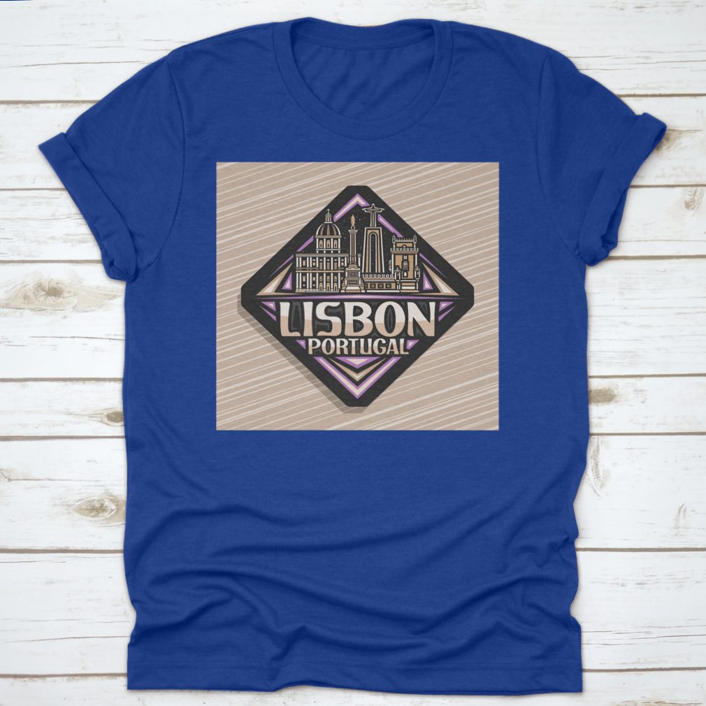 Vector logo design featuring a black rhombus road sign representing Lisbon, printed on a comfortable cotton shirt.