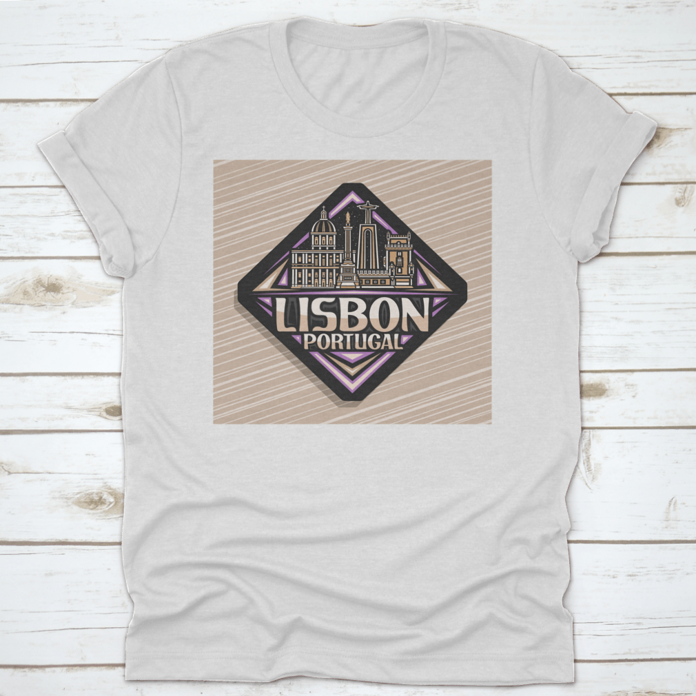 Vector logo design featuring a black rhombus road sign representing Lisbon, printed on a comfortable cotton shirt.