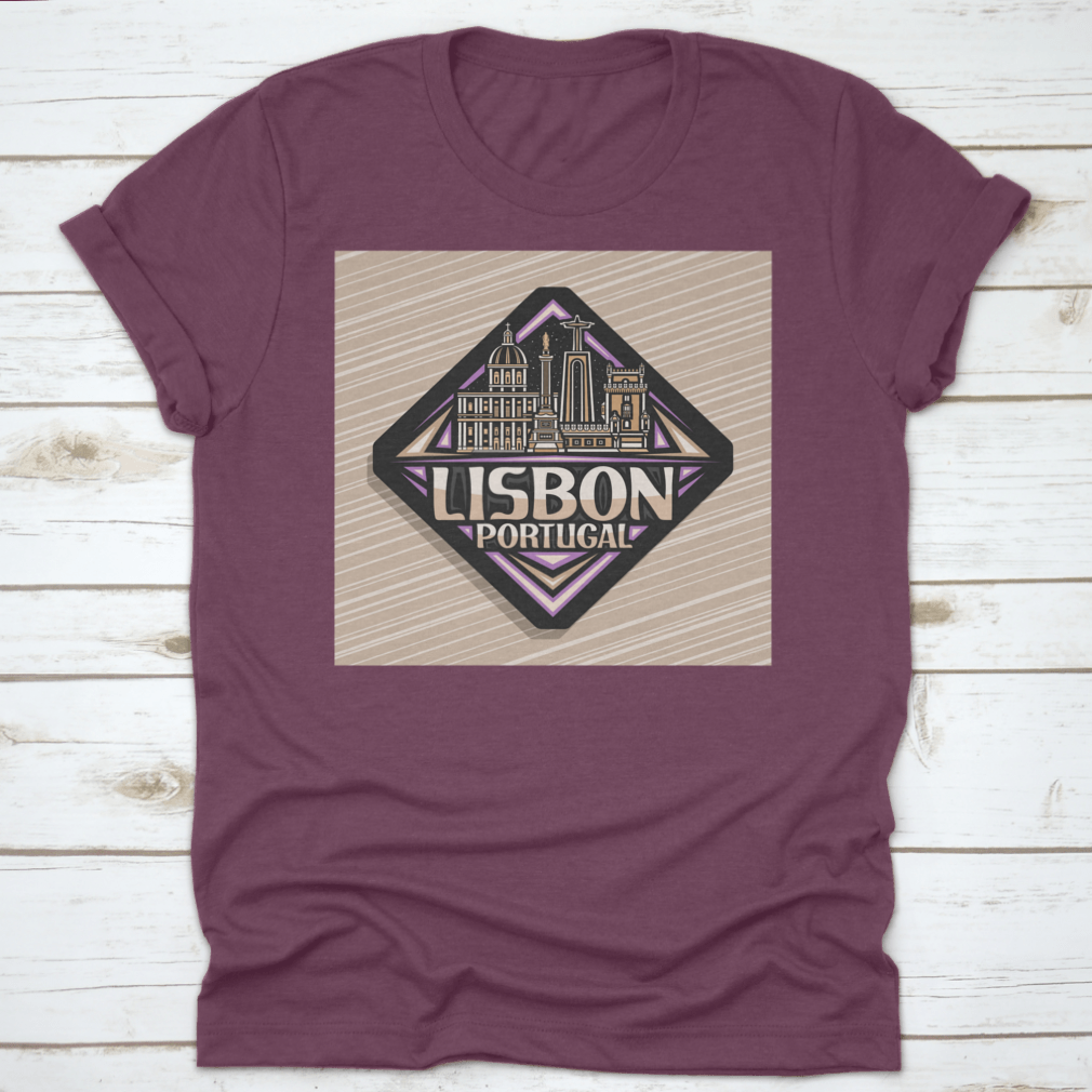 Vector logo design featuring a black rhombus road sign representing Lisbon, printed on a comfortable cotton shirt.