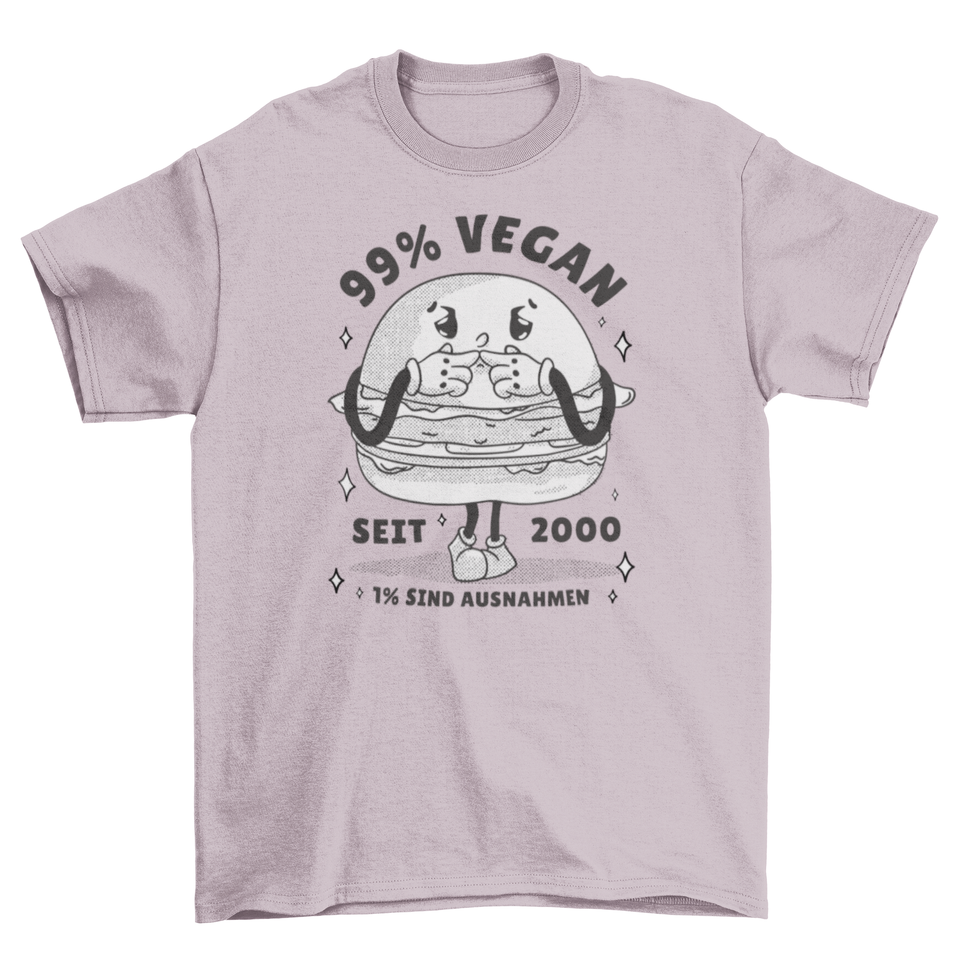 A colorful t-shirt featuring a cartoon vegan hamburger with humorous quotes about veganism.