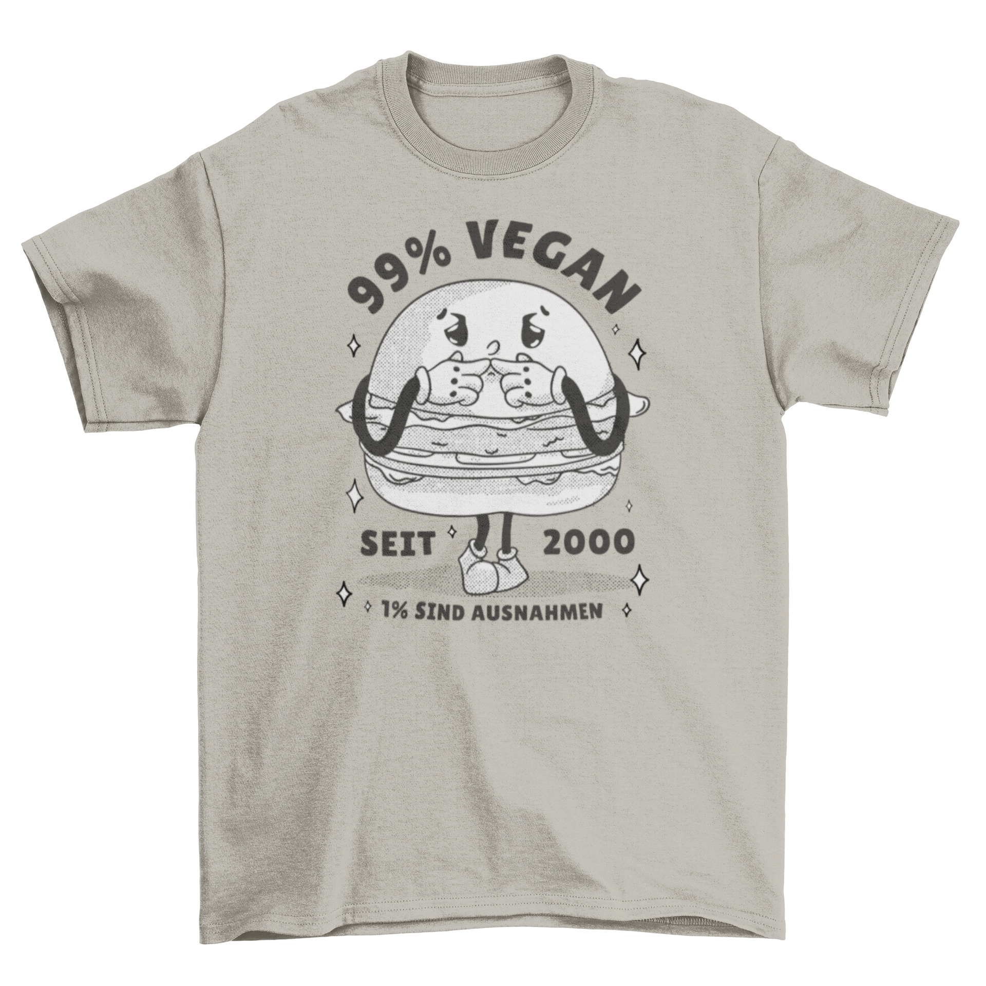 A colorful t-shirt featuring a cartoon vegan hamburger with humorous quotes about veganism.