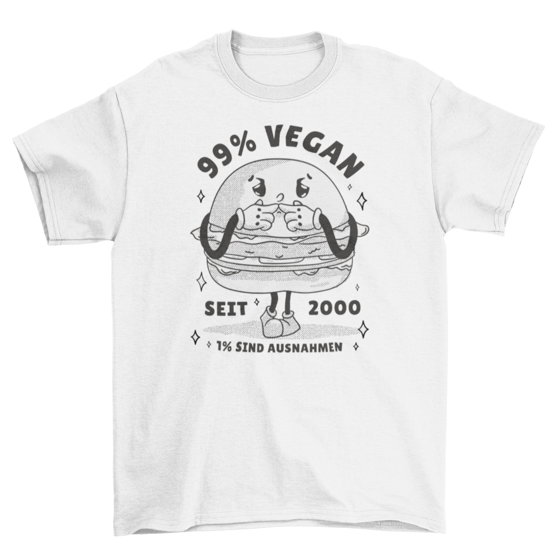 A colorful t-shirt featuring a cartoon vegan hamburger with humorous quotes about veganism.