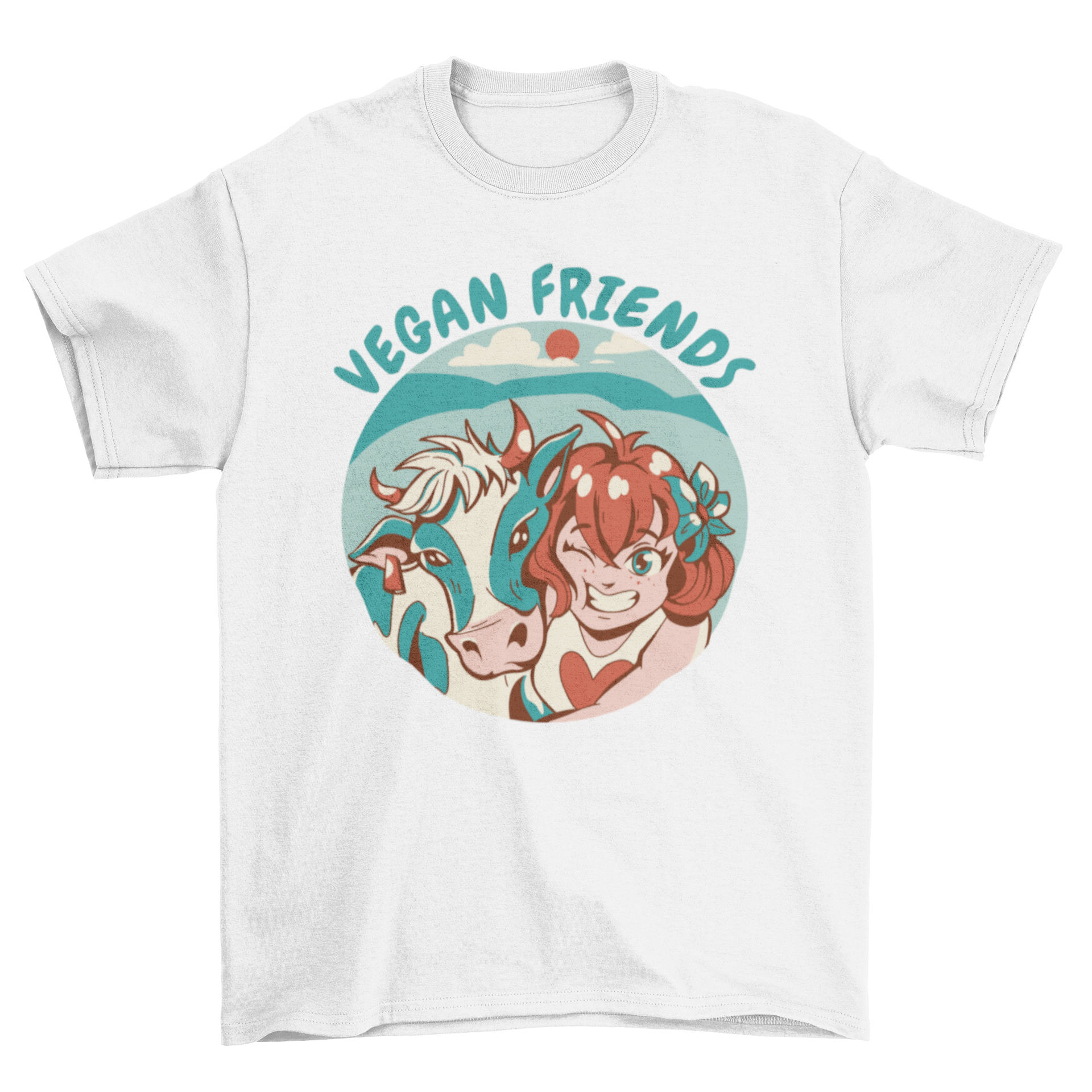 A cute t-shirt featuring a girl hugging a cow with the quote 'Vegan friends' printed on it.