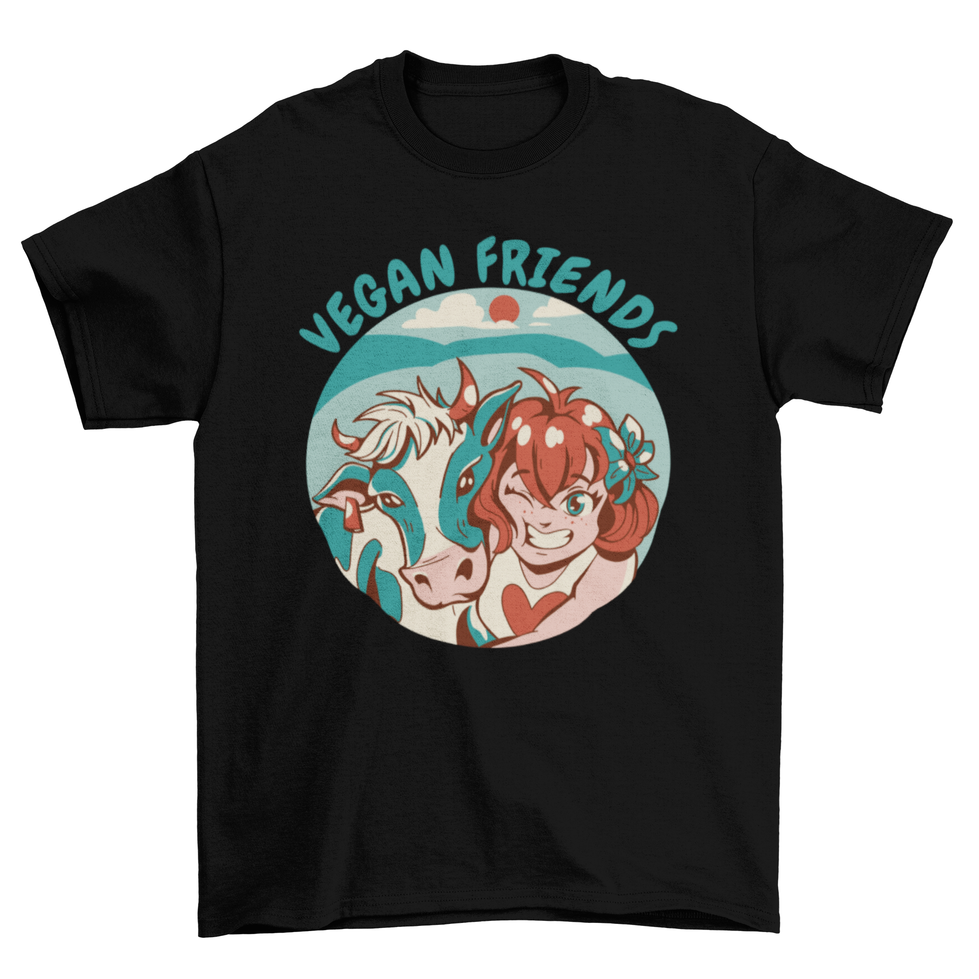 A cute t-shirt featuring a girl hugging a cow with the quote 'Vegan friends' printed on it.