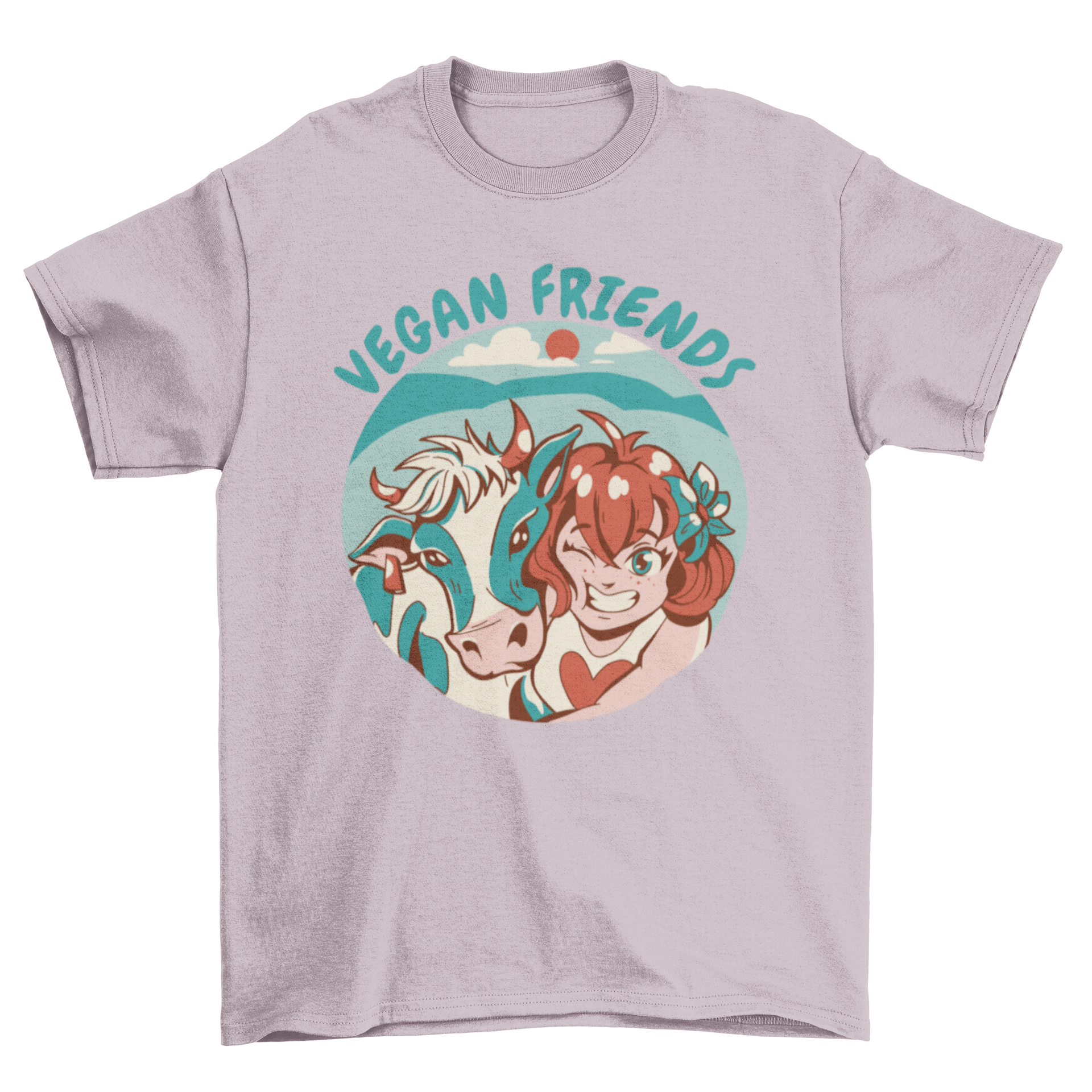 A cute t-shirt featuring a girl hugging a cow with the quote 'Vegan friends' printed on it.