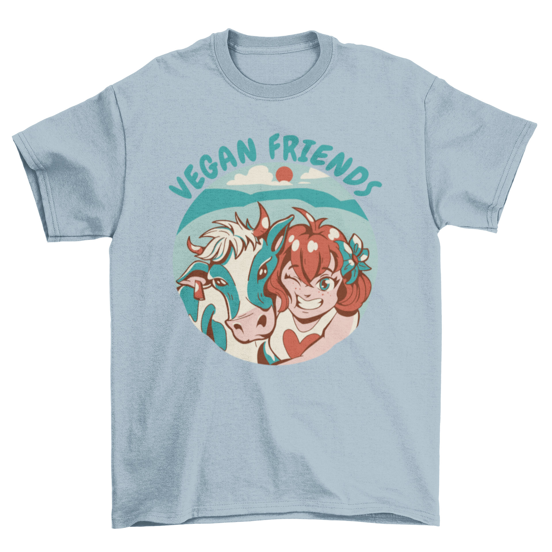 A cute t-shirt featuring a girl hugging a cow with the quote 'Vegan friends' printed on it.