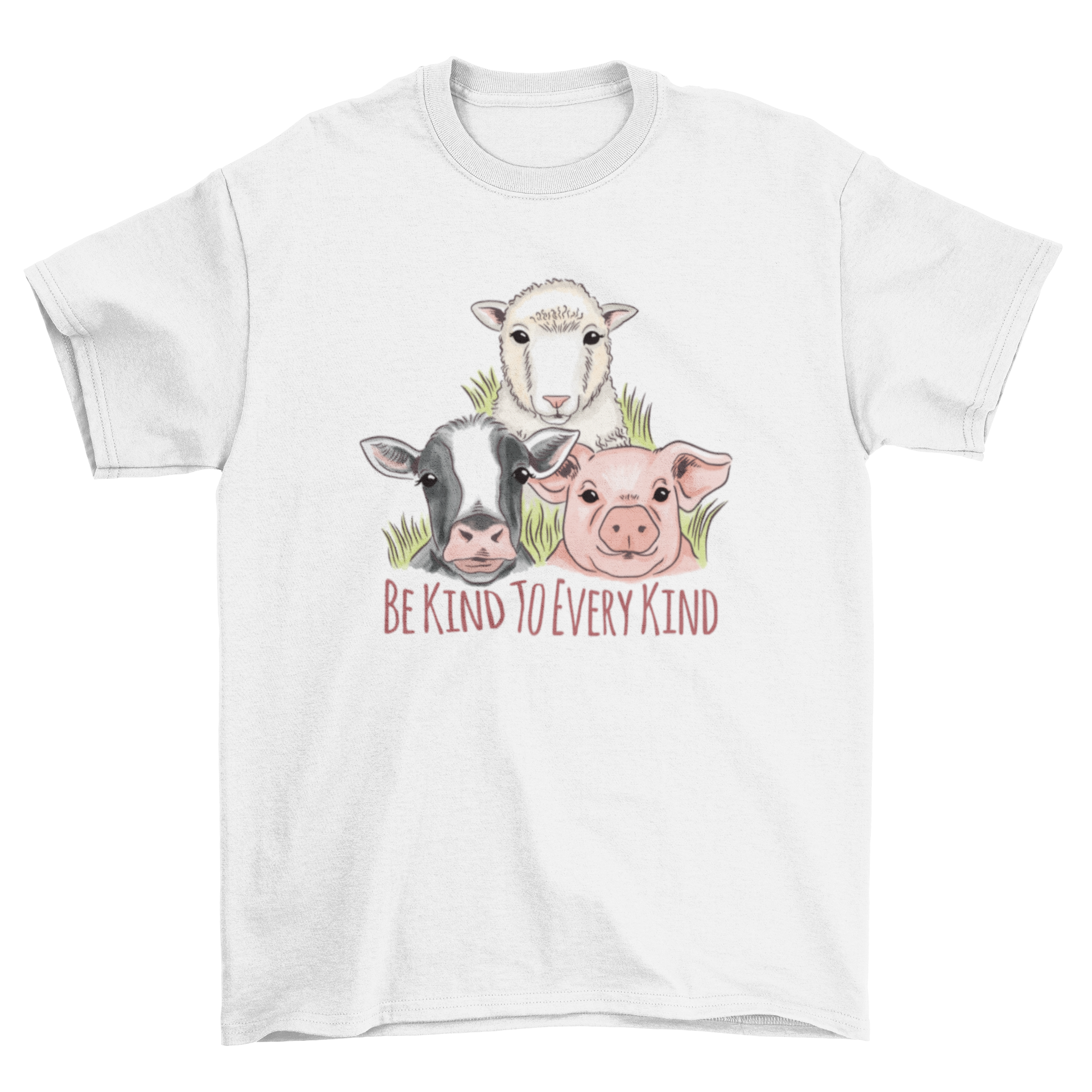 Vegan Kindness T-Shirt featuring watercolor animals: cow, pig, and sheep with the quote 'Be kind to every kind'.