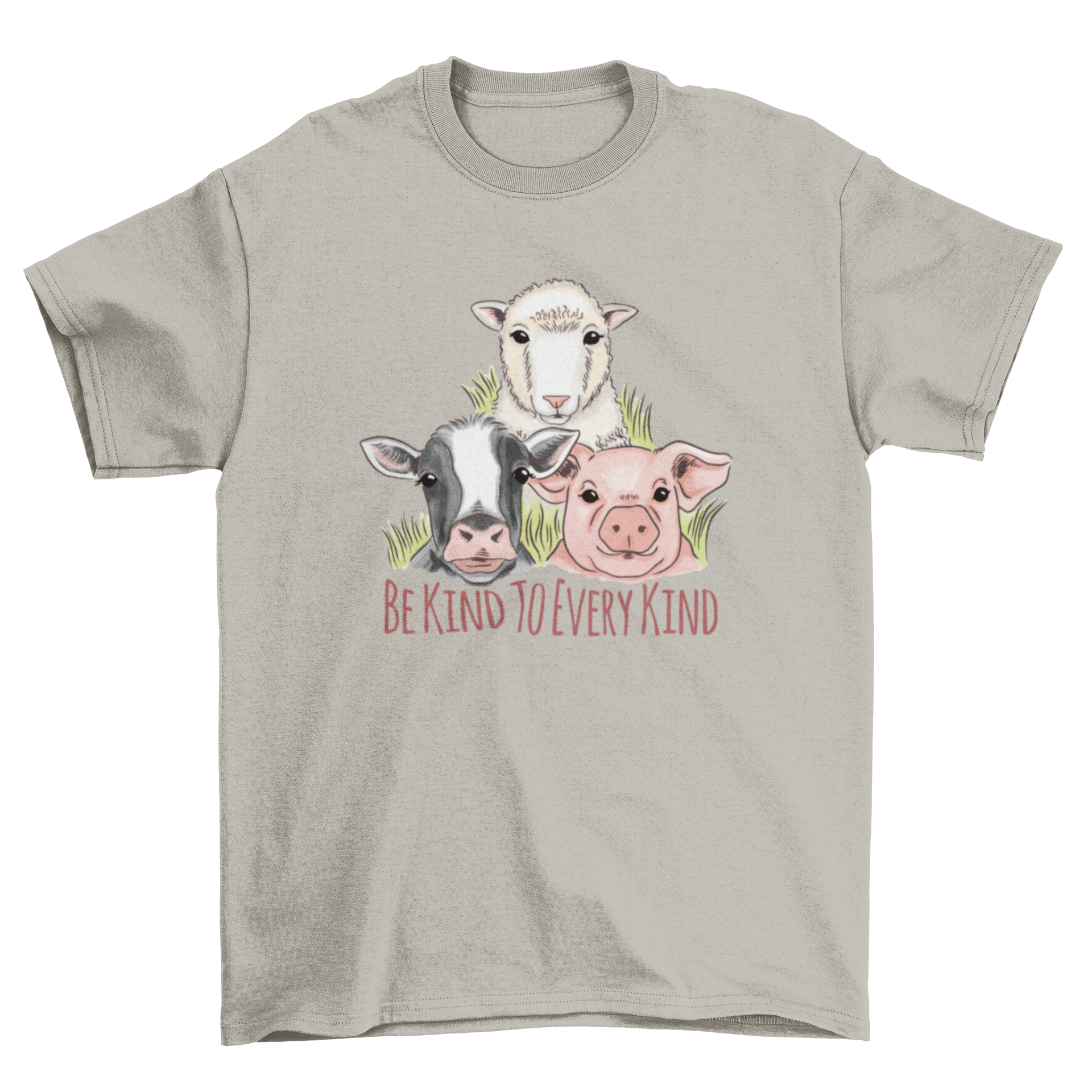 Vegan Kindness T-Shirt featuring watercolor animals: cow, pig, and sheep with the quote 'Be kind to every kind'.