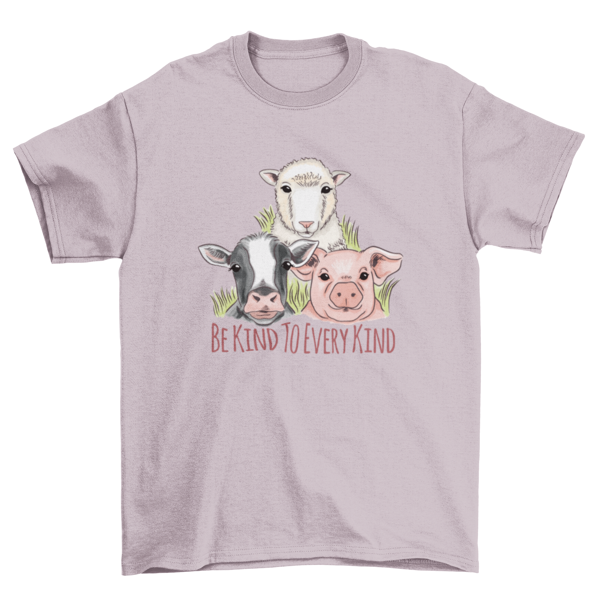 Vegan Kindness T-Shirt featuring watercolor animals: cow, pig, and sheep with the quote 'Be kind to every kind'.