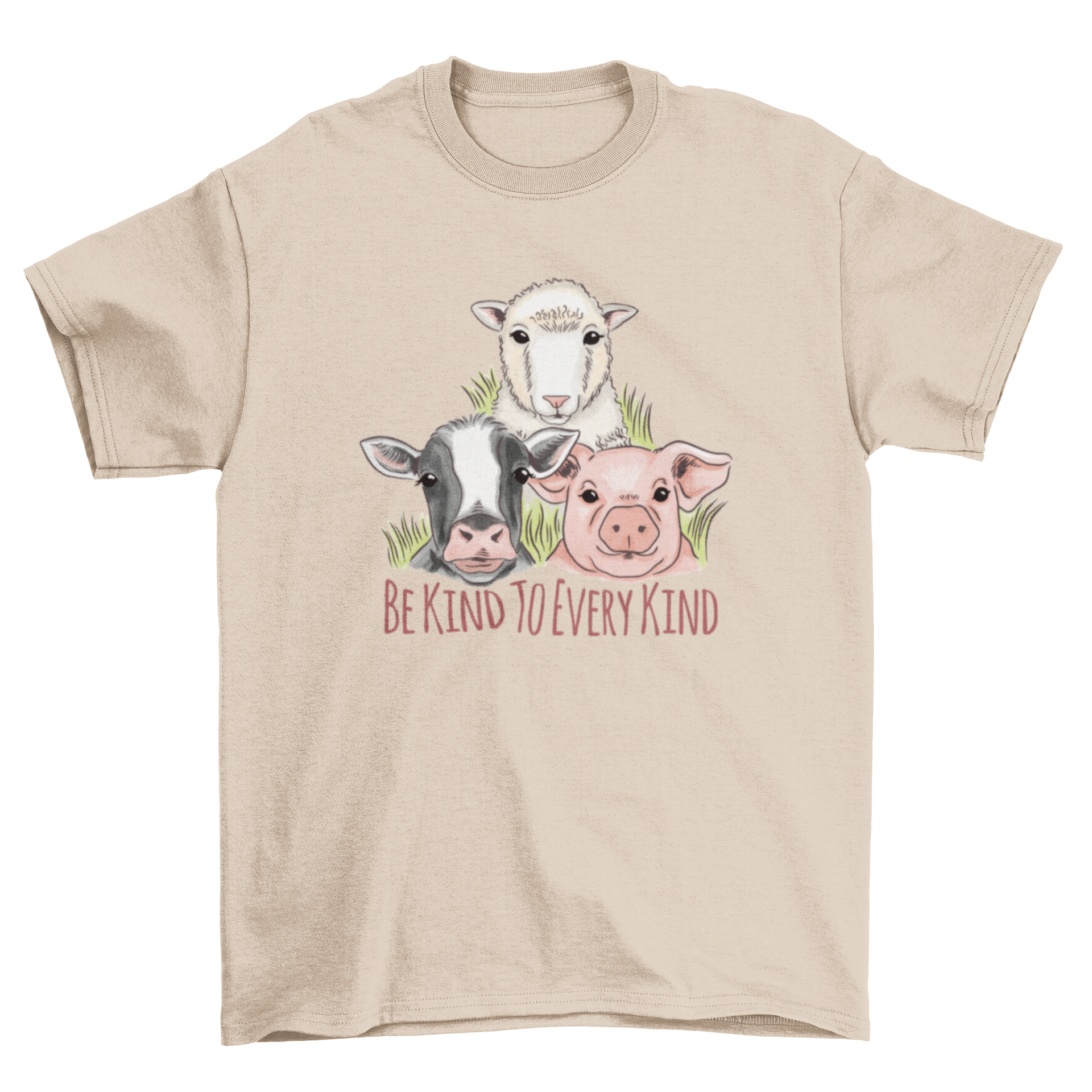 Vegan Kindness T-Shirt featuring watercolor animals: cow, pig, and sheep with the quote 'Be kind to every kind'.