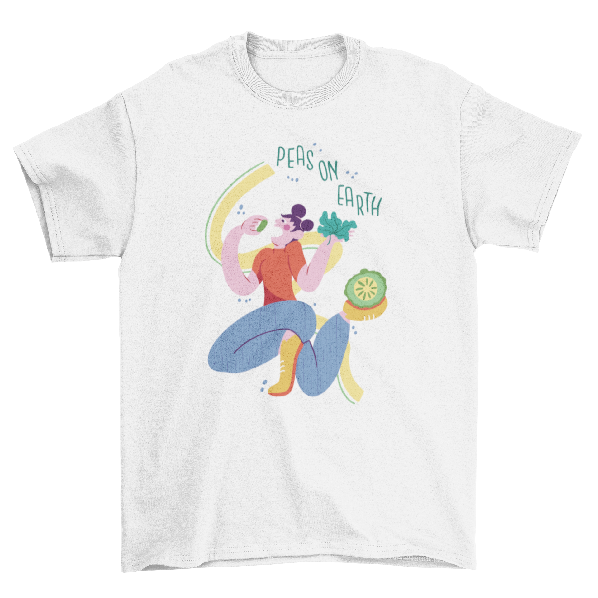 A stylish vegan t-shirt featuring a girl eating vegetables with the quote 'Peas on Earth' in a playful design.