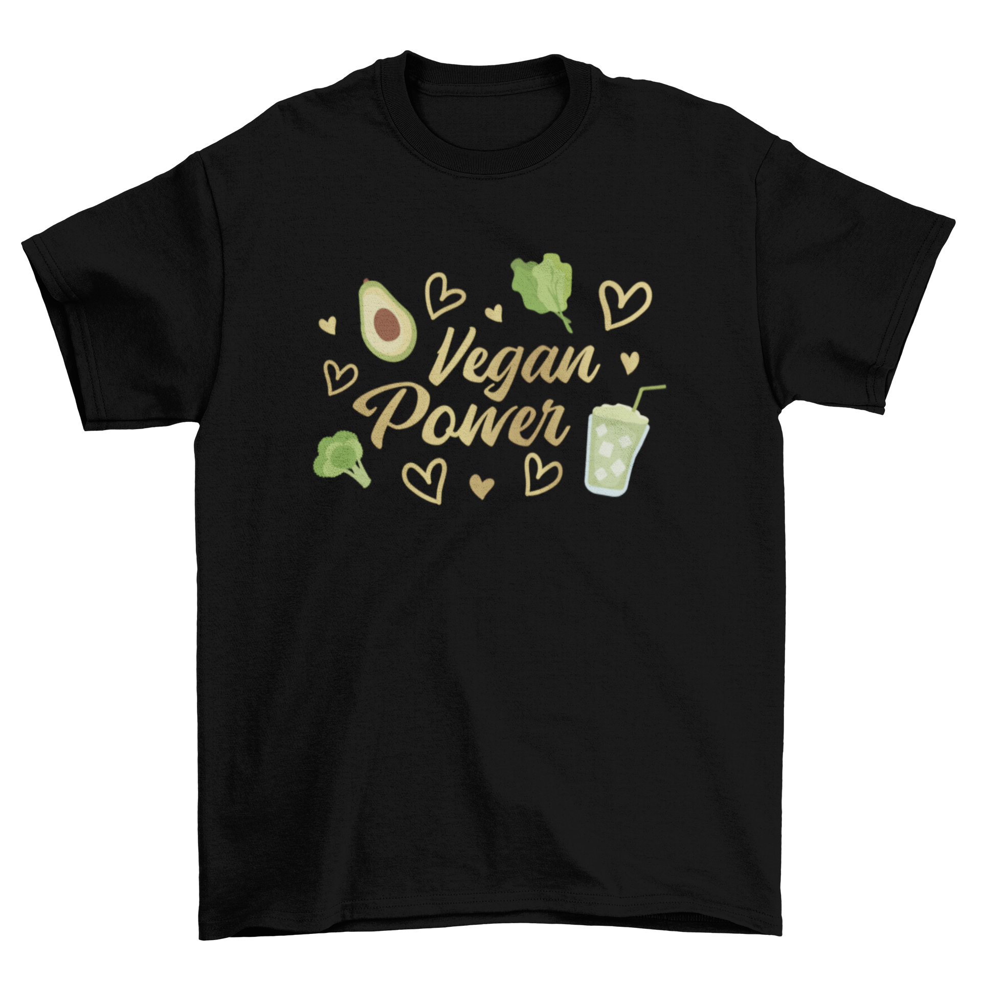 Vegan Power T-Shirt featuring colorful veggies and hearts design with the quote 'Vegan Power'.