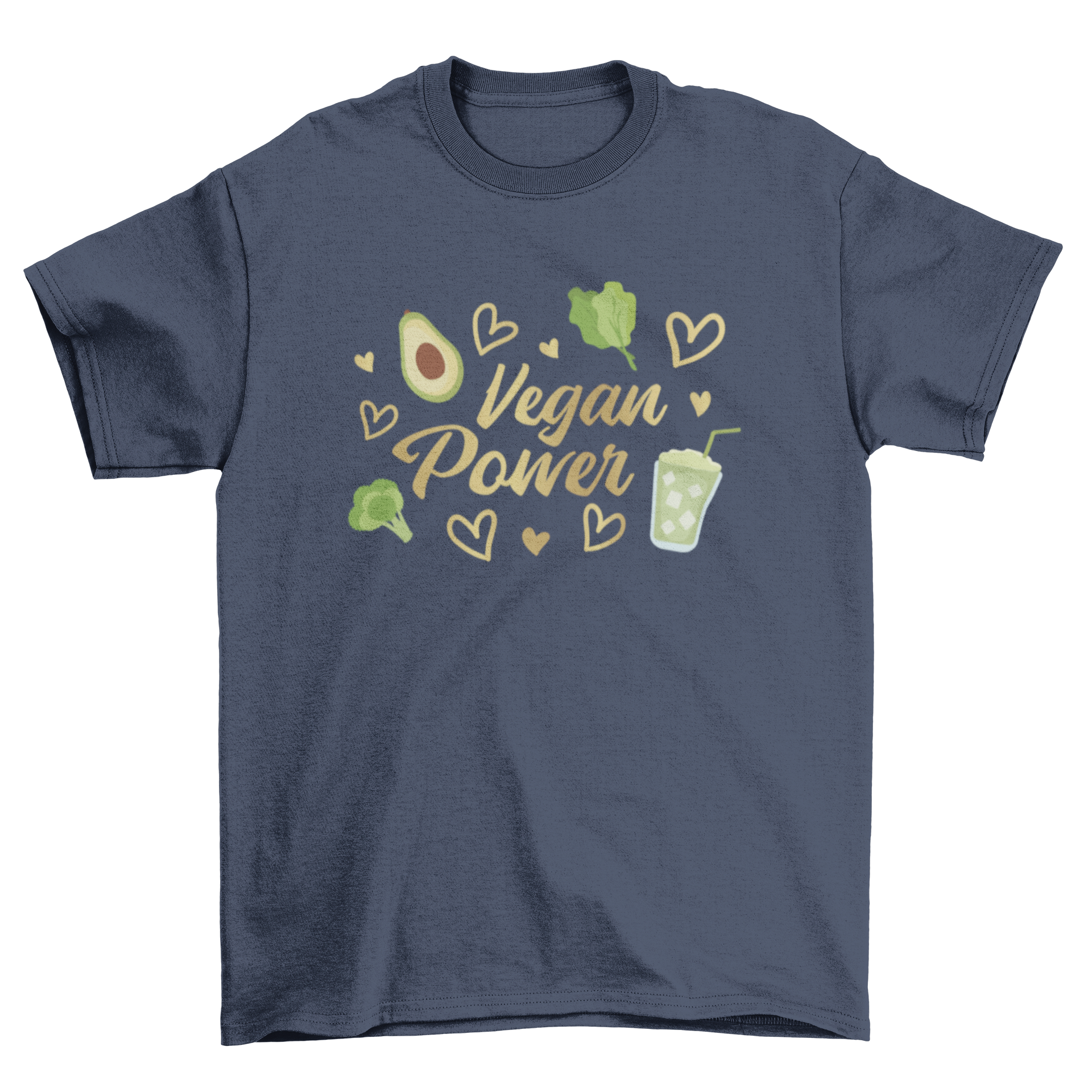 Vegan Power T-Shirt featuring colorful veggies and hearts design with the quote 'Vegan Power'.