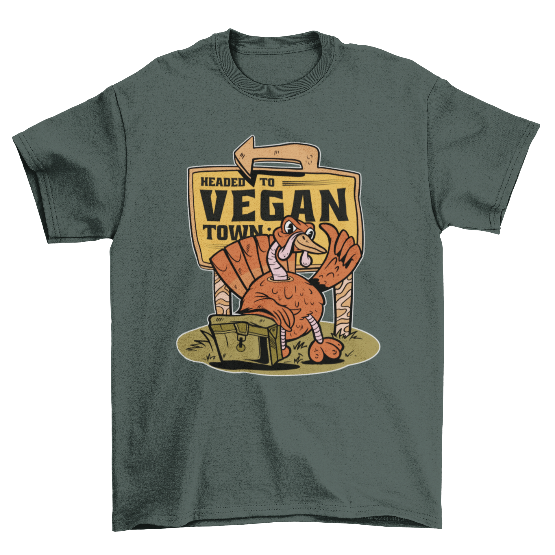 Vegan Town T-shirt featuring a turkey graphic and the quote 'Headed to vegan town' on a soft fabric.