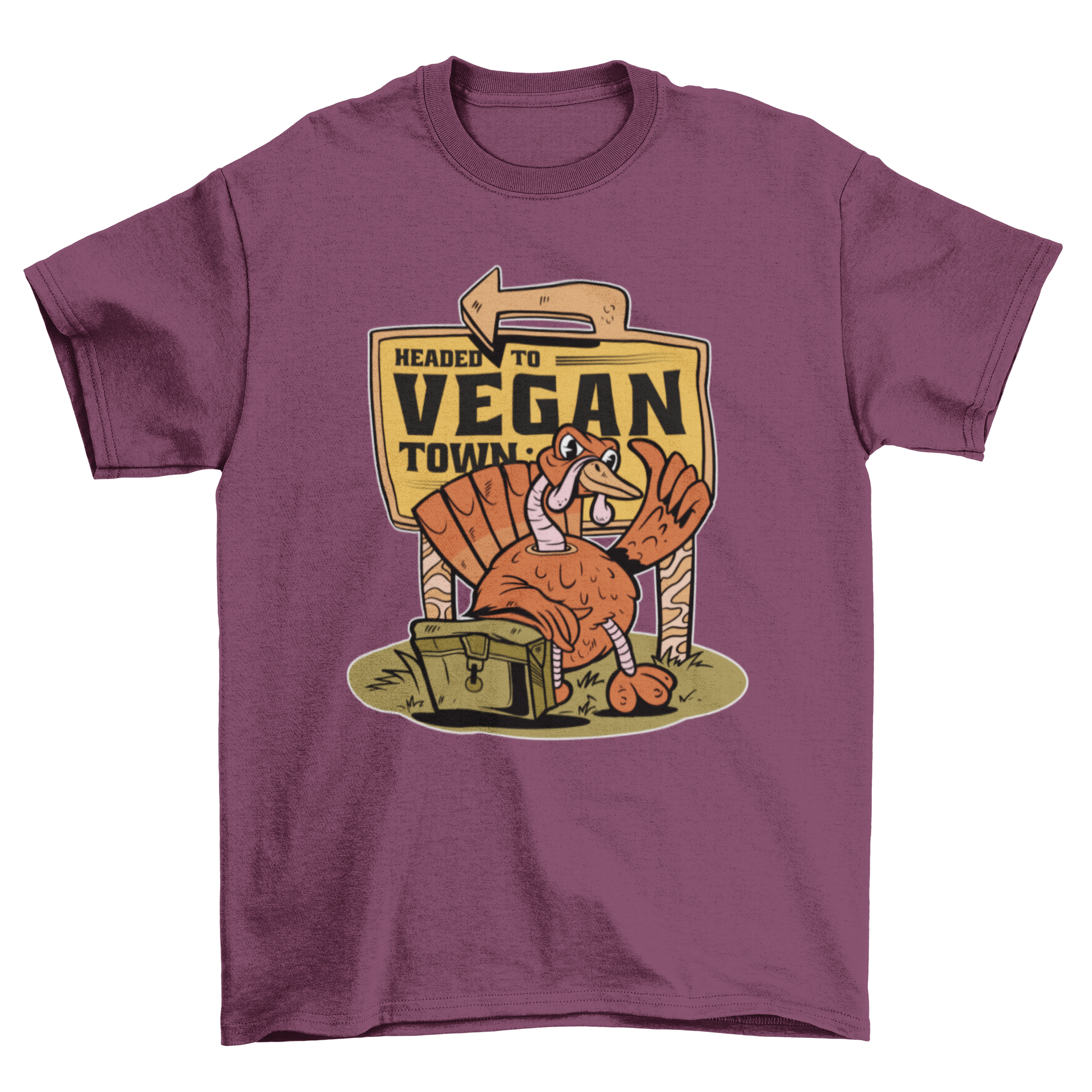 Vegan Town T-shirt featuring a turkey graphic and the quote 'Headed to vegan town' on a soft fabric.