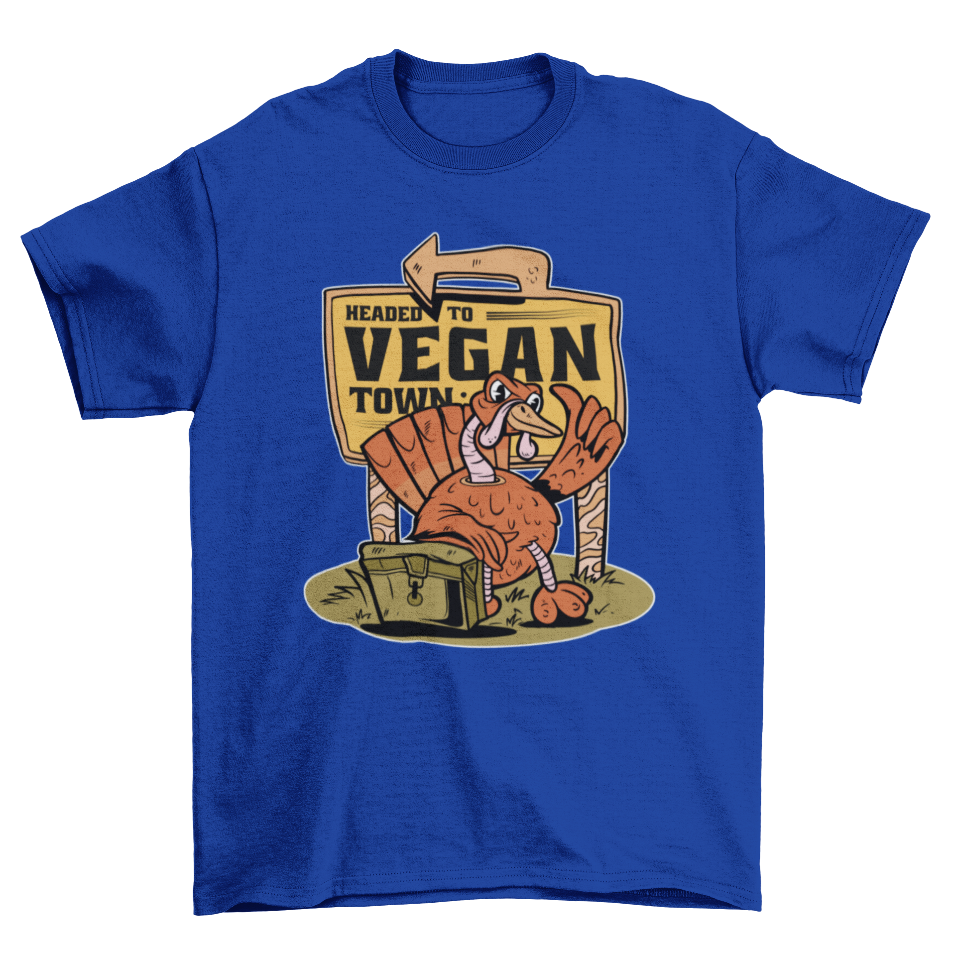 Vegan Town T-shirt featuring a turkey graphic and the quote 'Headed to vegan town' on a soft fabric.