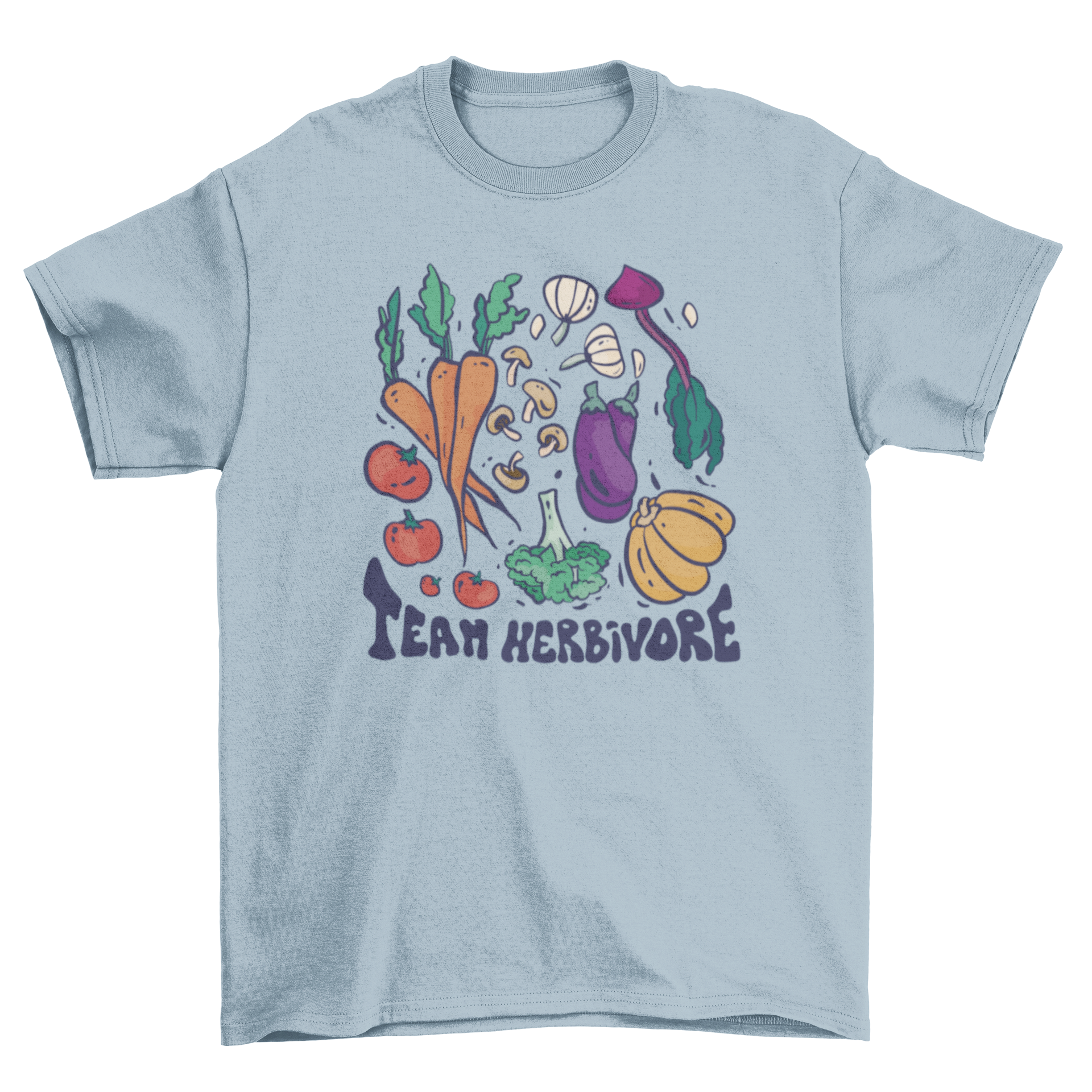 A stylish t-shirt featuring colorful vegetables and the quote 'Team Herbivore', perfect for plant-based enthusiasts.