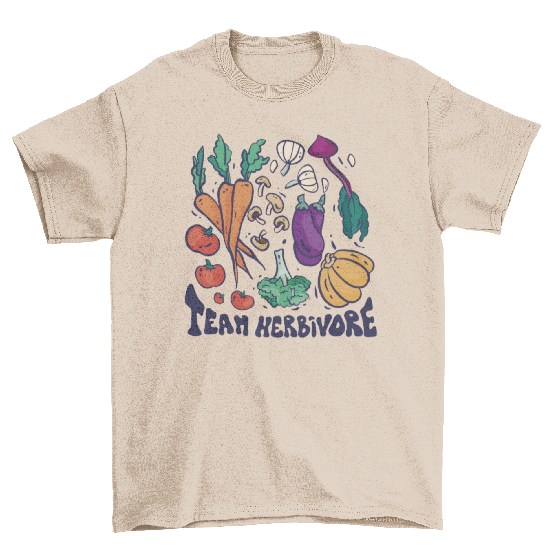 A stylish t-shirt featuring colorful vegetables and the quote 'Team Herbivore', perfect for plant-based enthusiasts.