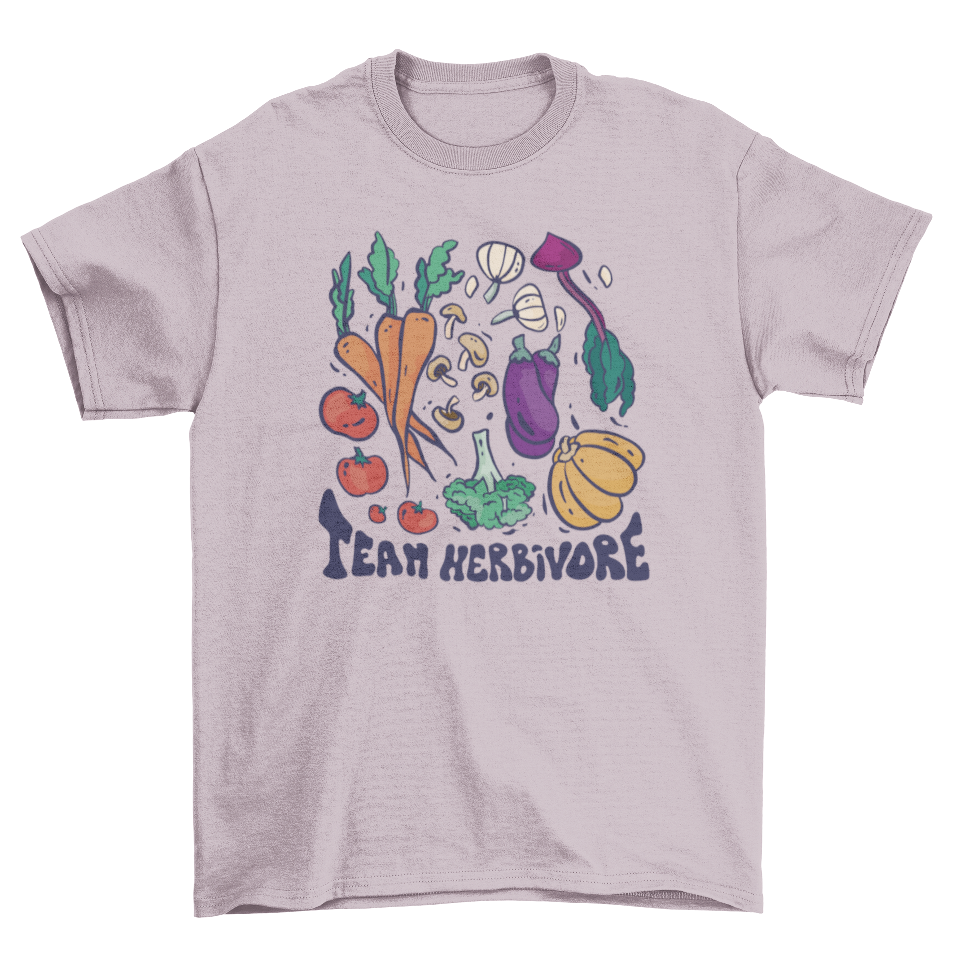 A stylish t-shirt featuring colorful vegetables and the quote 'Team Herbivore', perfect for plant-based enthusiasts.