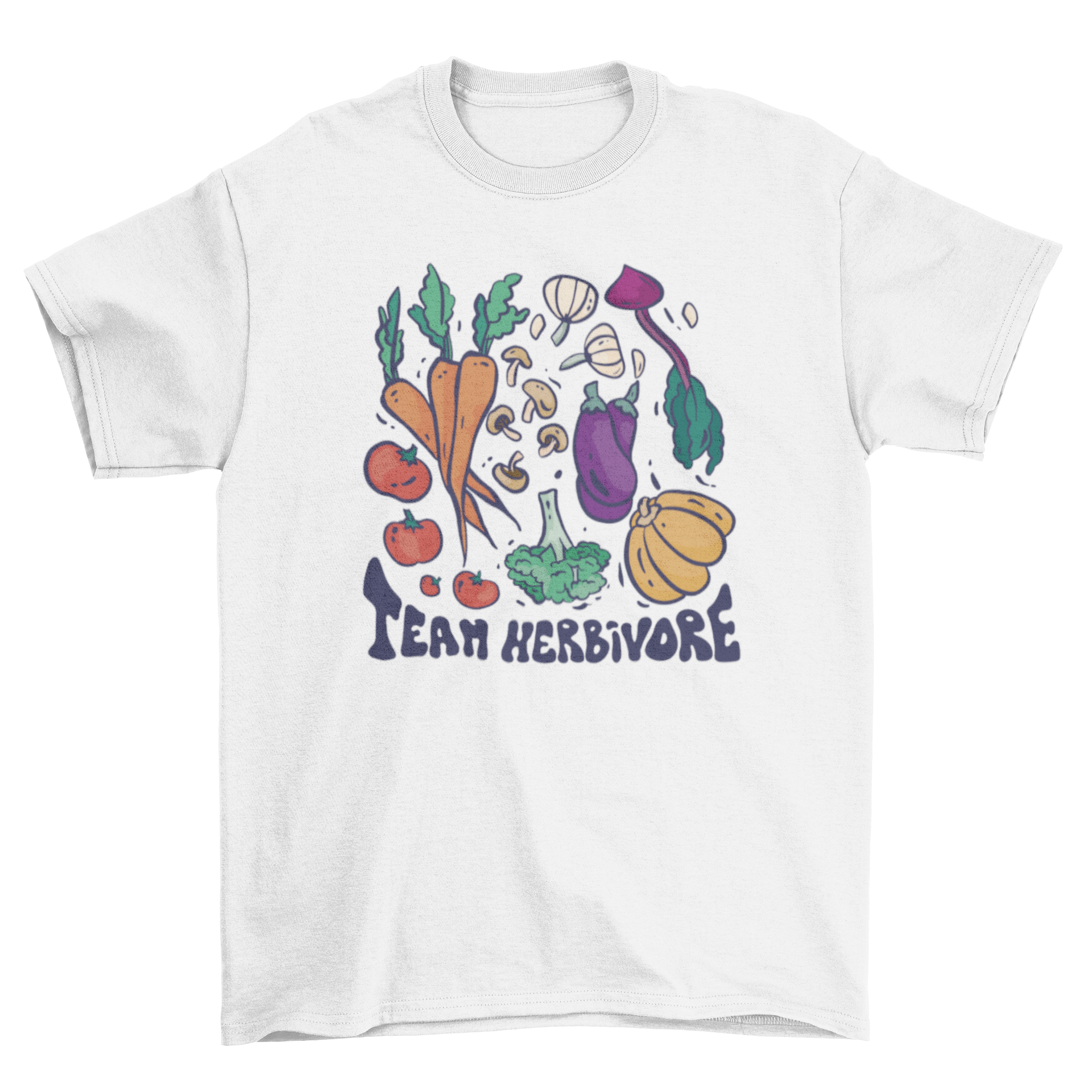 A stylish t-shirt featuring colorful vegetables and the quote 'Team Herbivore', perfect for plant-based enthusiasts.