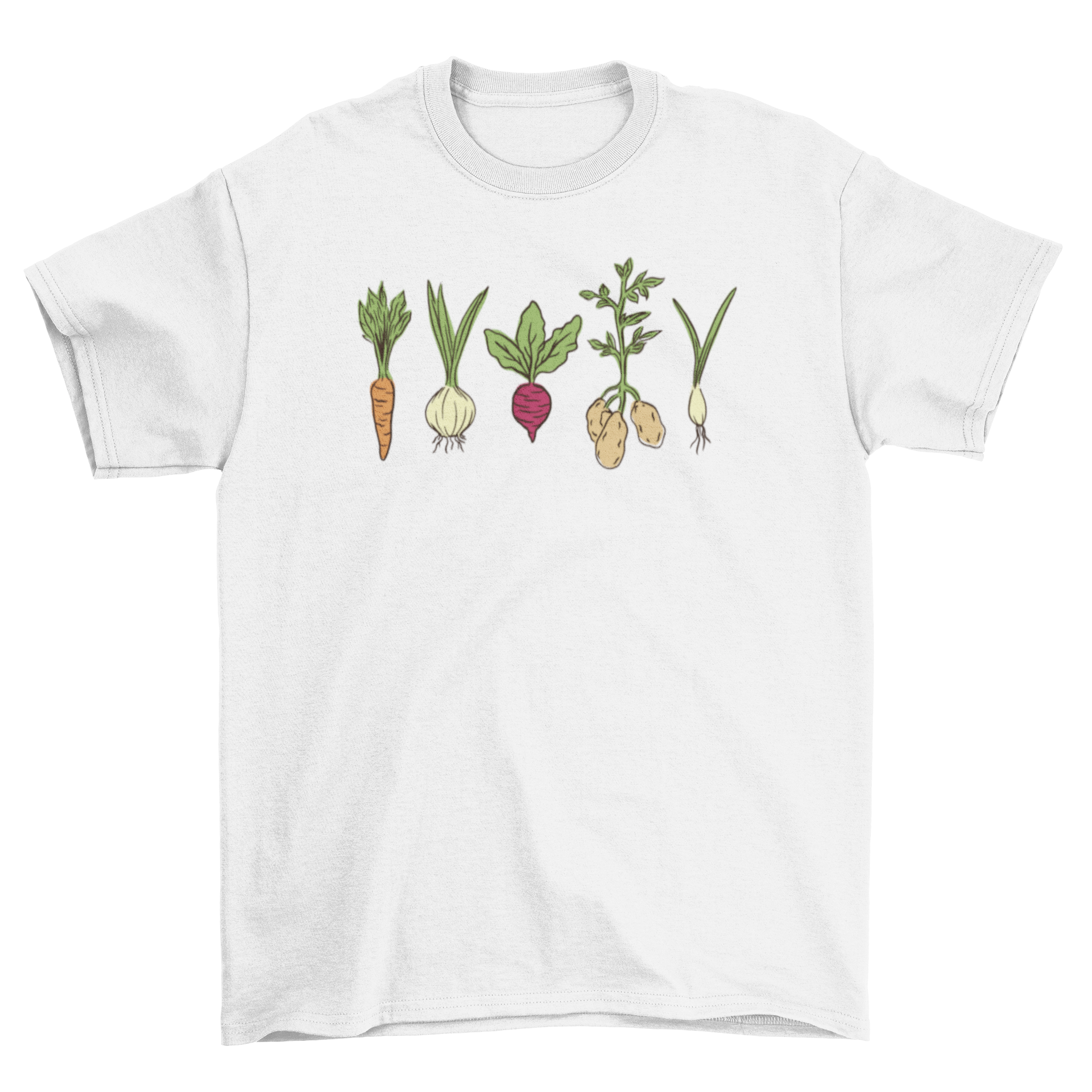 A colorful t-shirt featuring various vibrant vegetables like carrots, tomatoes, and peppers, perfect for vegetable enthusiasts.