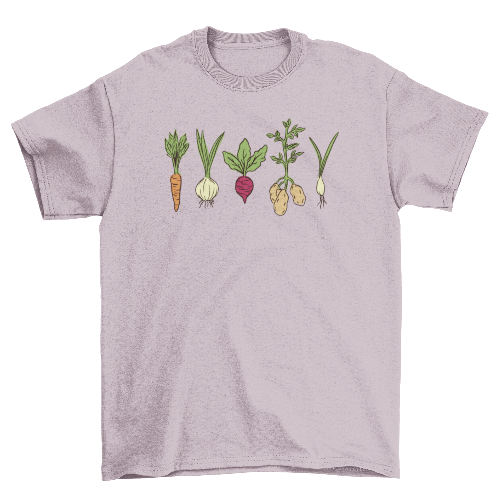 A colorful t-shirt featuring various vibrant vegetables like carrots, tomatoes, and peppers, perfect for vegetable enthusiasts.