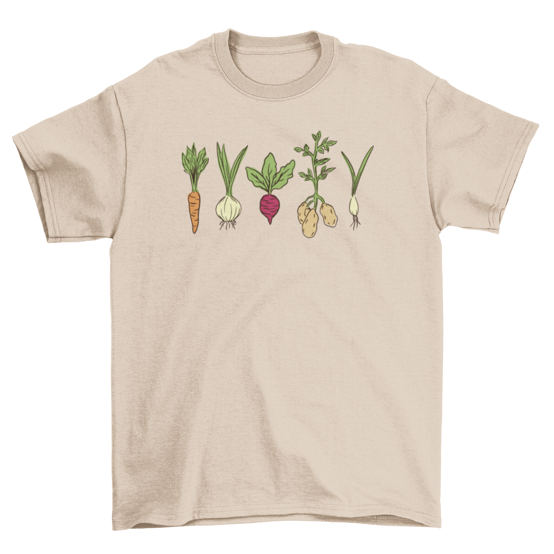 A colorful t-shirt featuring various vibrant vegetables like carrots, tomatoes, and peppers, perfect for vegetable enthusiasts.