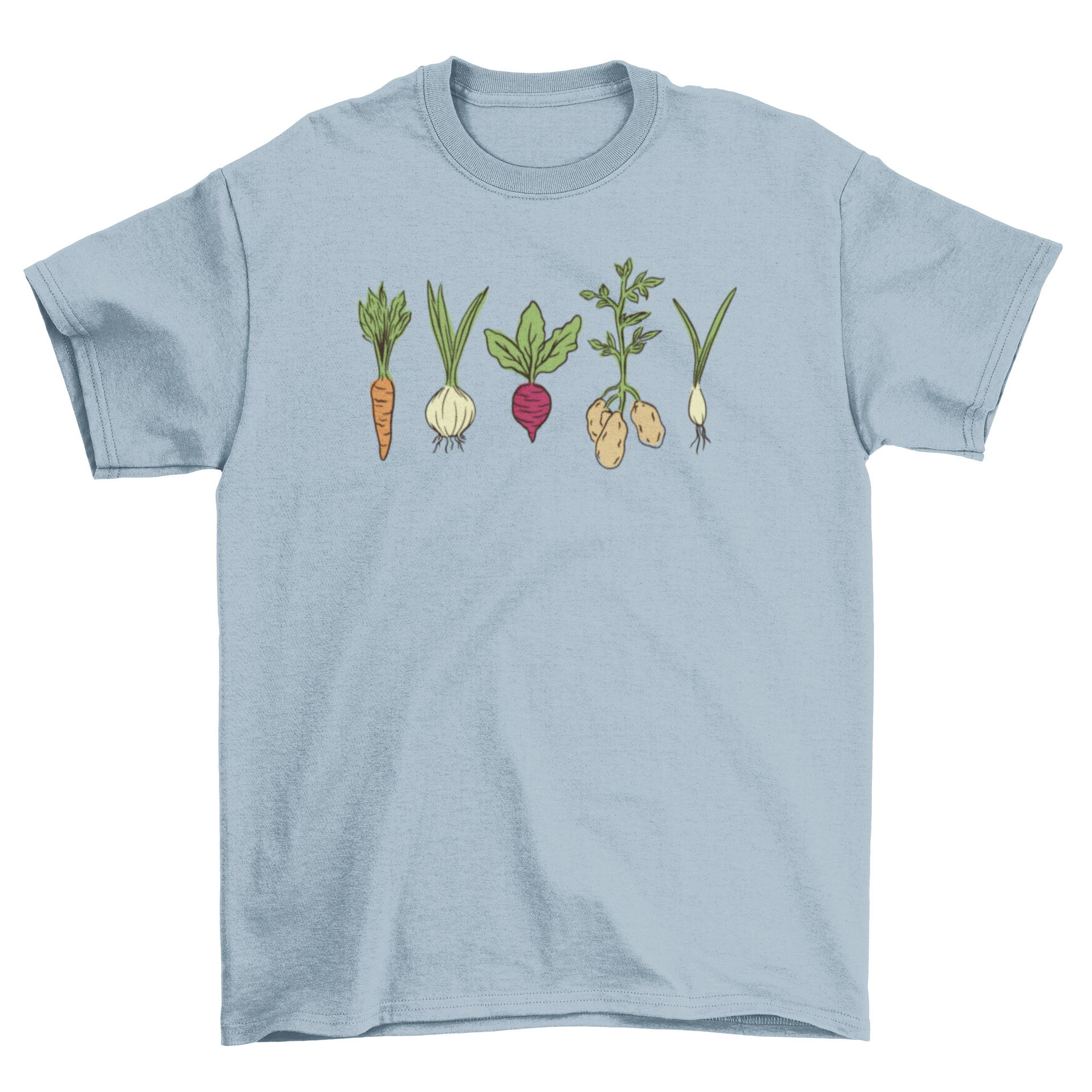 A colorful t-shirt featuring various vibrant vegetables like carrots, tomatoes, and peppers, perfect for vegetable enthusiasts.