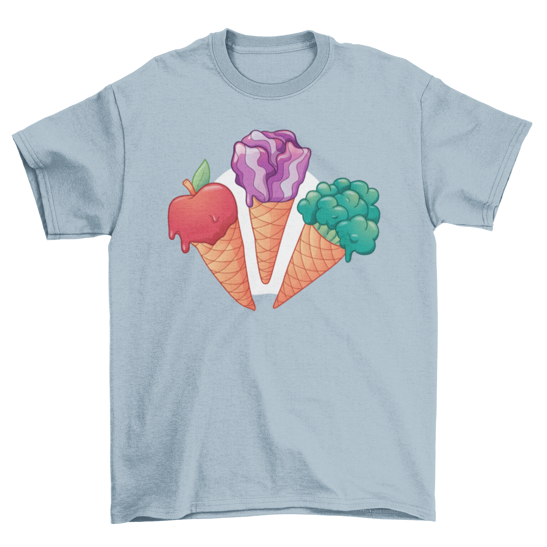 Veggie Ice Cream T-shirt featuring three ice cream cones topped with an apple, red cabbage, and broccoli.