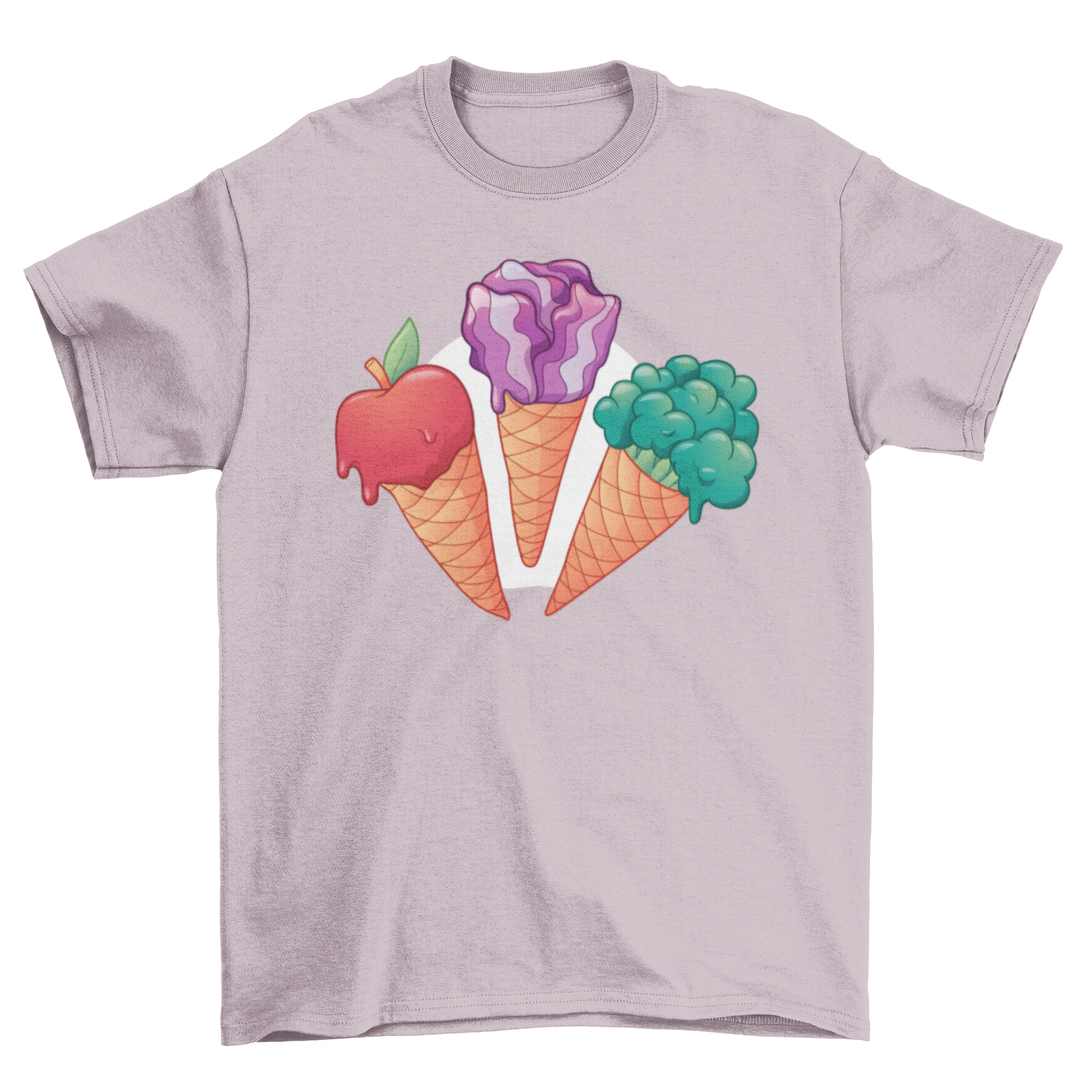 Veggie Ice Cream T-shirt featuring three ice cream cones topped with an apple, red cabbage, and broccoli.