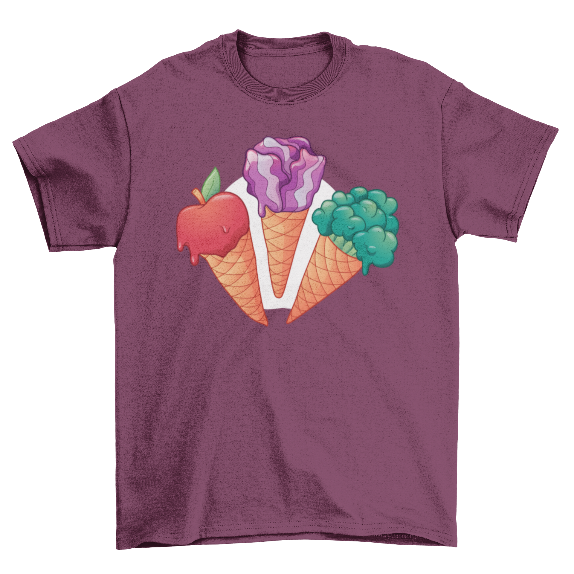 Veggie Ice Cream T-shirt featuring three ice cream cones topped with an apple, red cabbage, and broccoli.