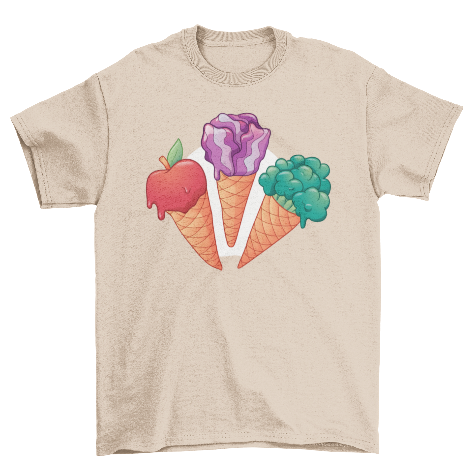 Veggie Ice Cream T-shirt featuring three ice cream cones topped with an apple, red cabbage, and broccoli.