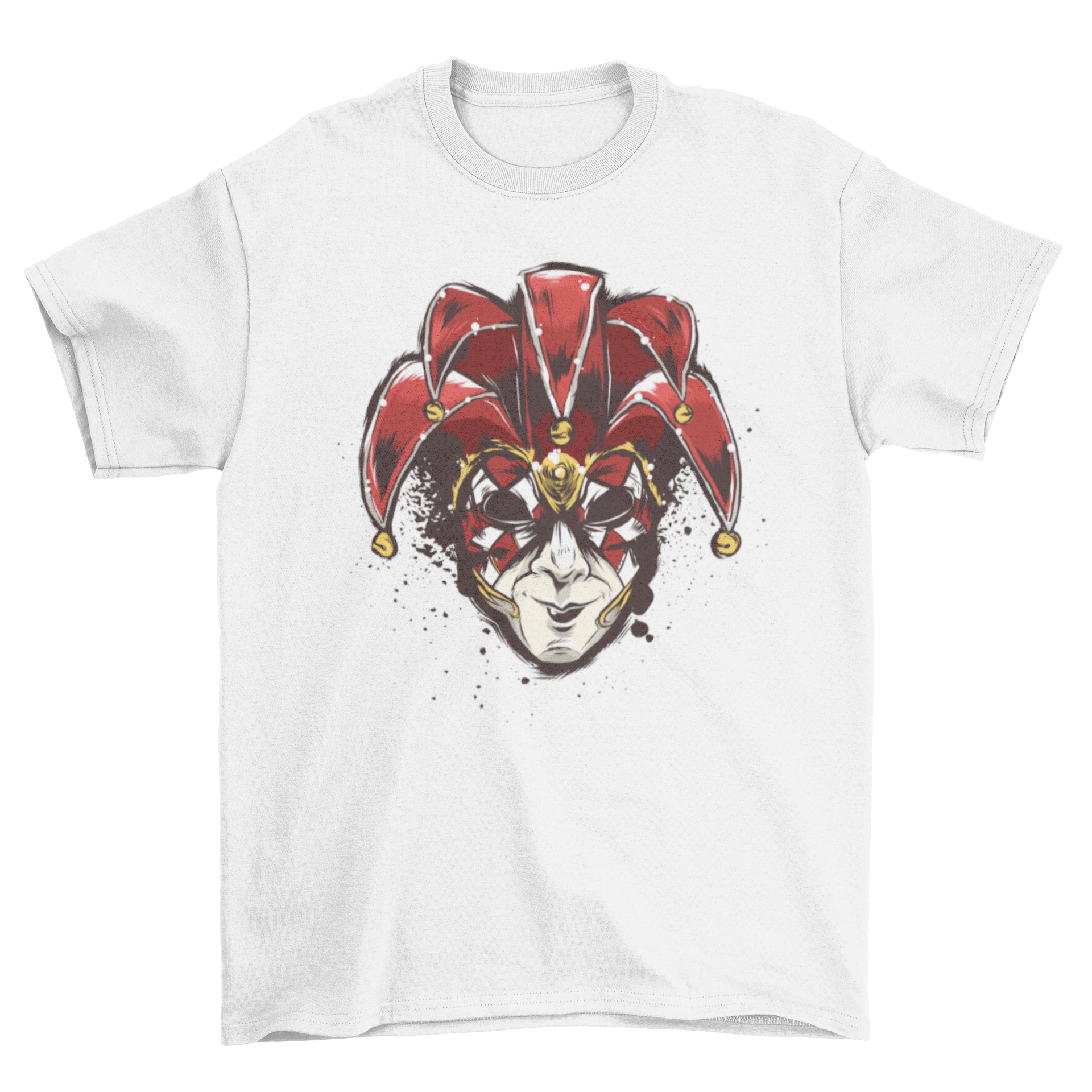 A vibrant red Venetian mask design on a stylish t-shirt, perfect for Mardi Gras celebrations.